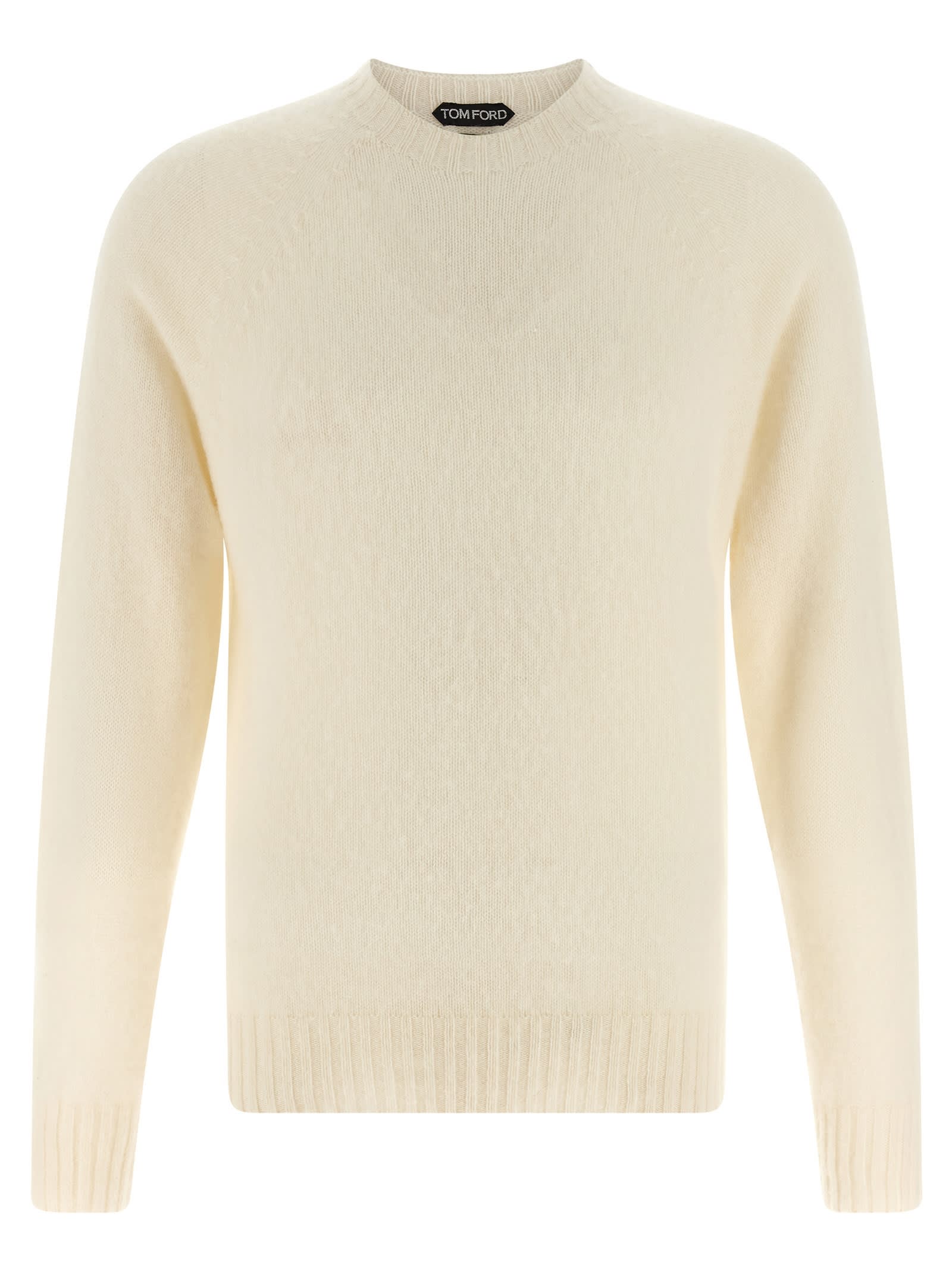 Tom Ford Crew Neck Cashmere Sweater With Ribbed Cuffs And Hem In Neutral