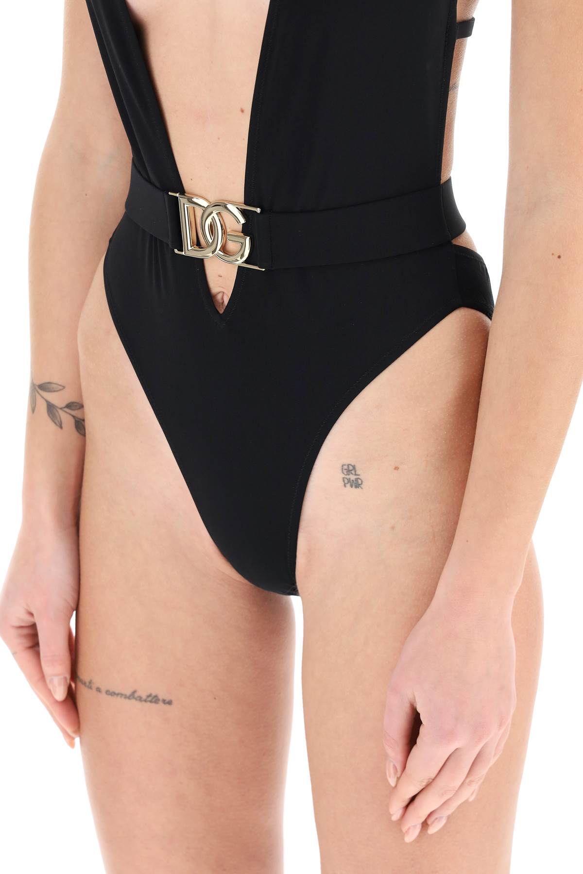 Shop Dolce & Gabbana Plunging Neckline Belted Swimsuit In Nero