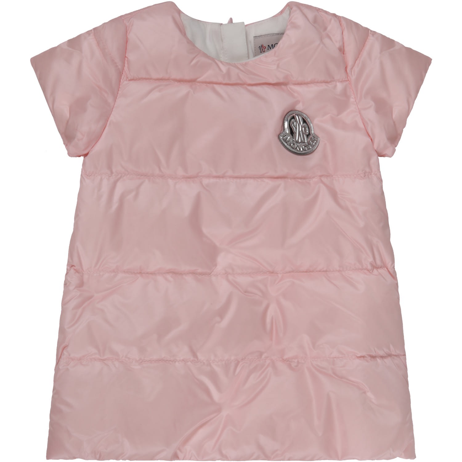 MONCLER PINK DRESS FOR BABYGIRL WITH SILVER PATCH,11517990