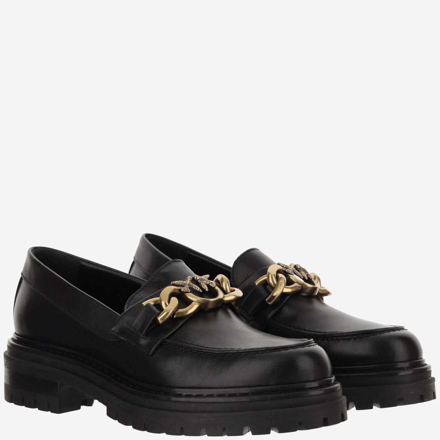 Shop Pinko Love Birds Leather Loafers In Black