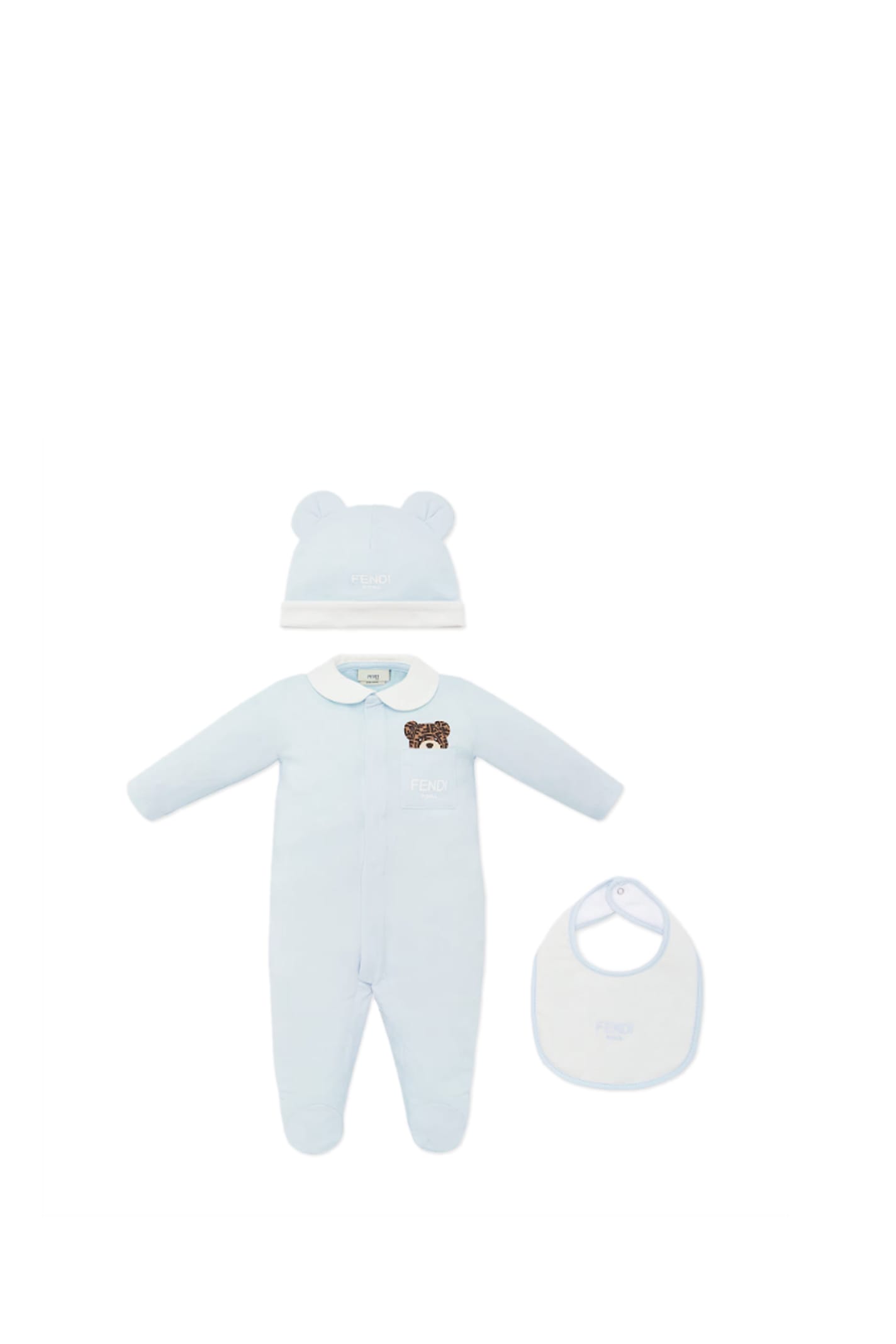 Shop Fendi Onesie, Hat And Bib In Light Blue