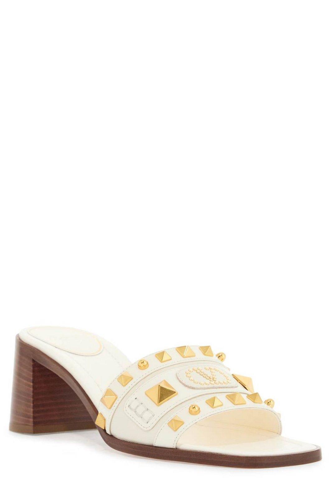 Valentino Ivory Leather Slippers With Golden Studs And Low Heel In Ivory