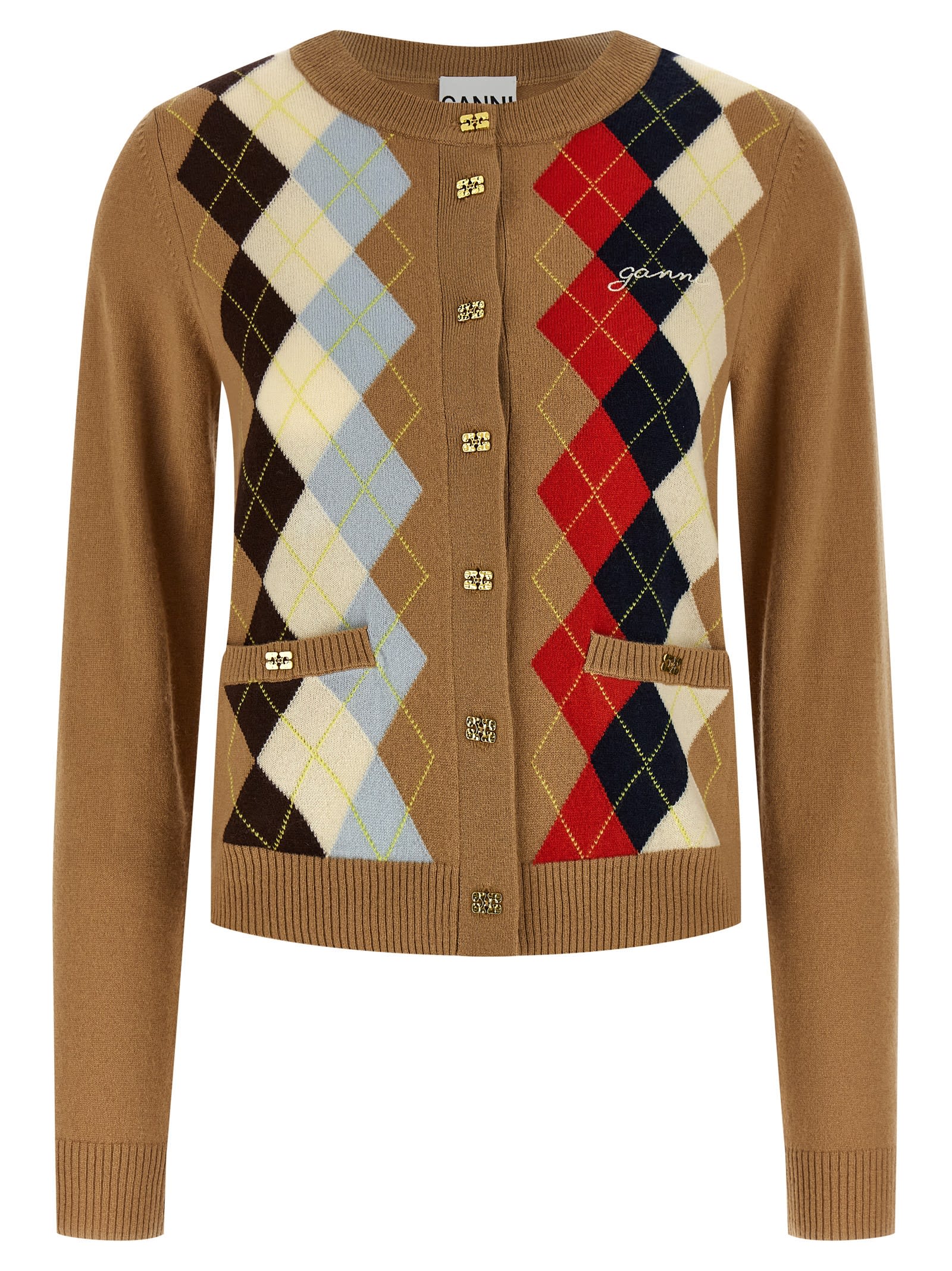 Ganni Diamond-shaped Cardigan Sweaters And Cardigans Beige In Multi