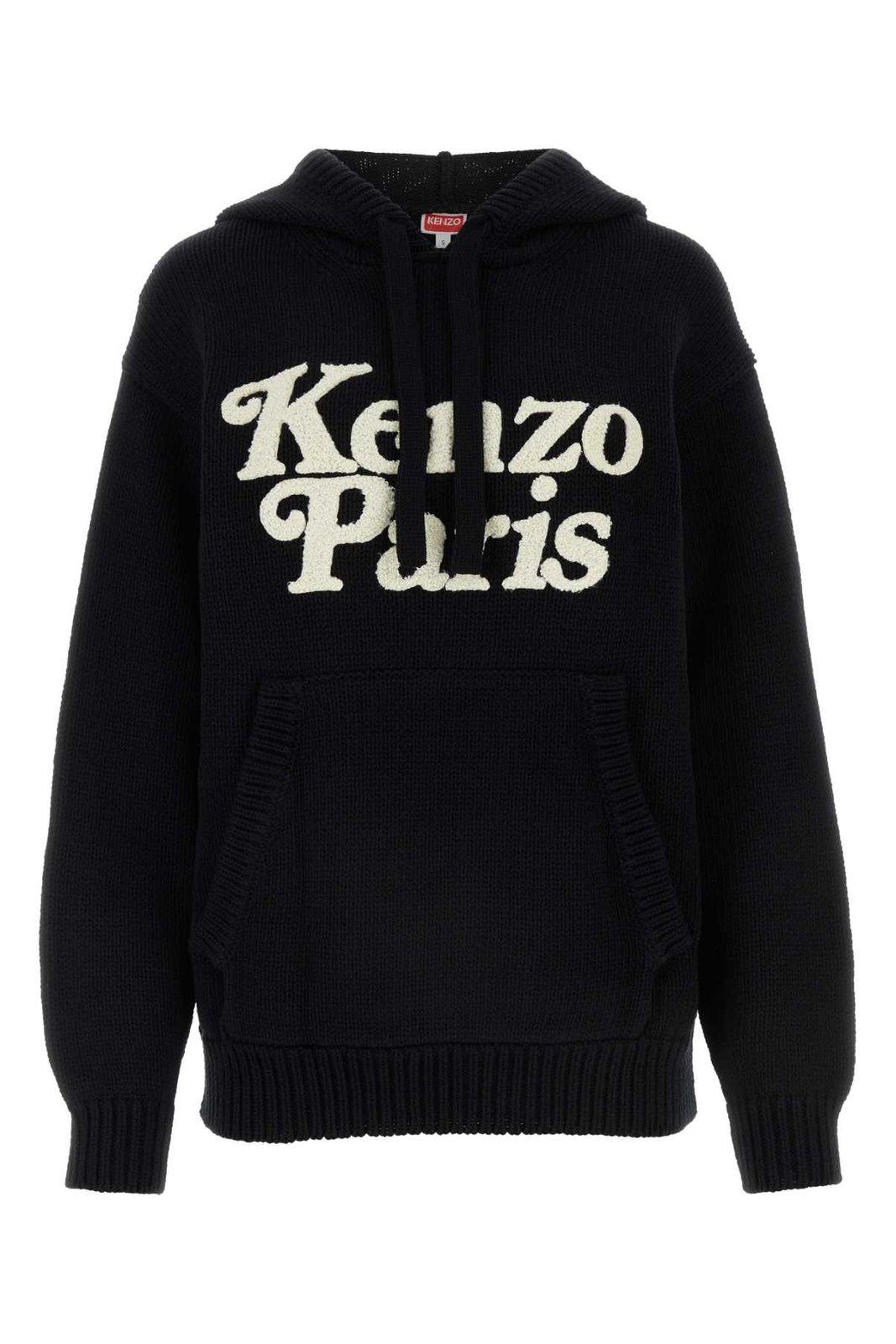Shop Kenzo Logo Detailed Drawstring Knit Hoodie In J Black
