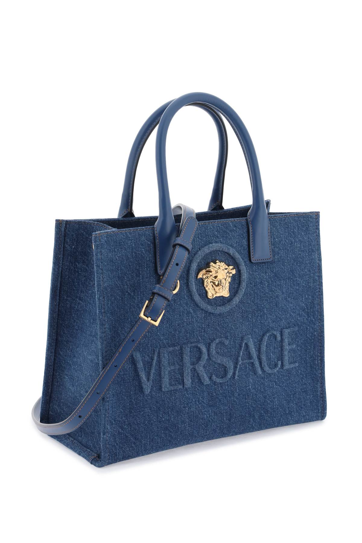 Shop Versace Medusa Head Embellished Logo Tote In Blue