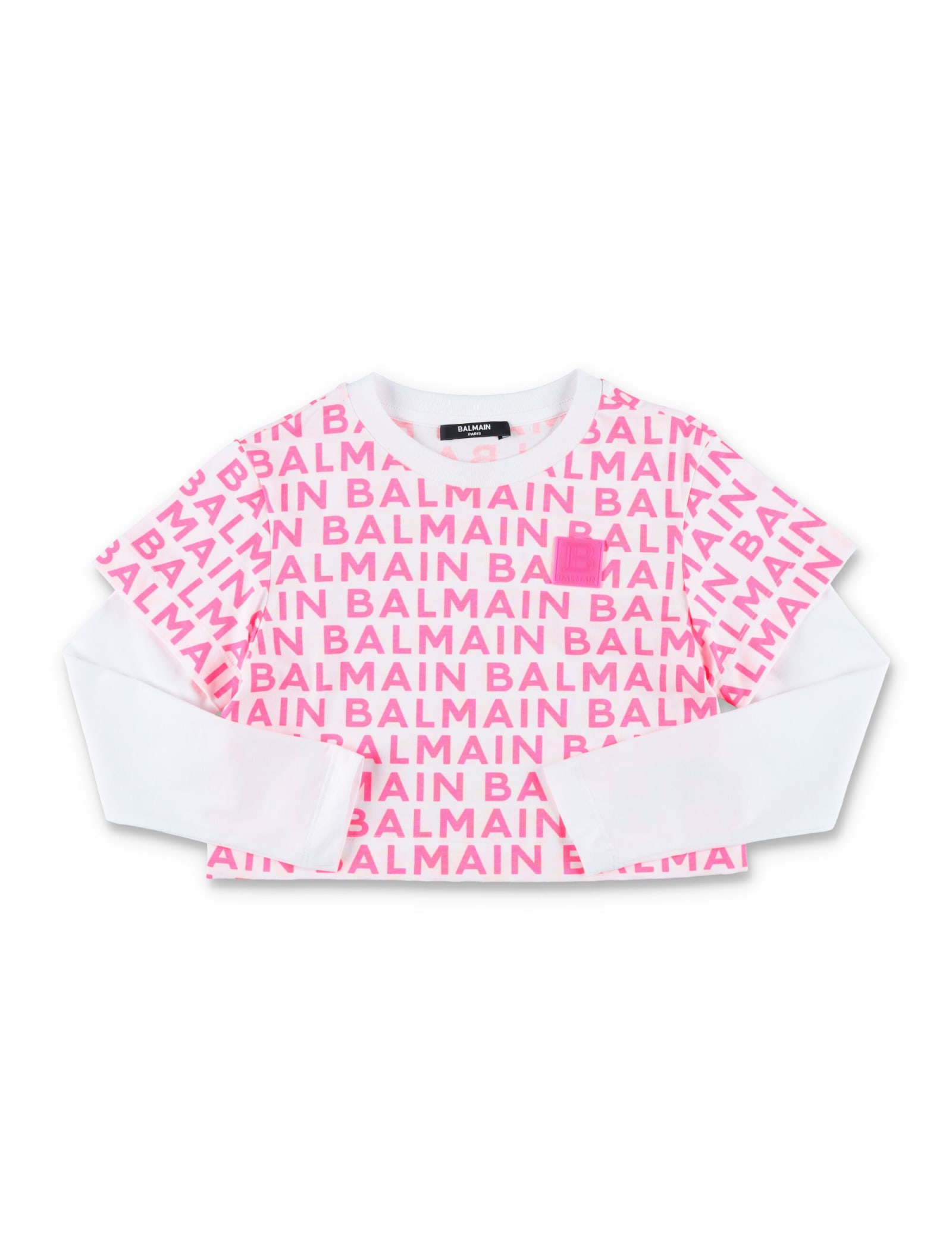 Balmain Kids' All-over Logo T-shirt In White/fuchsia