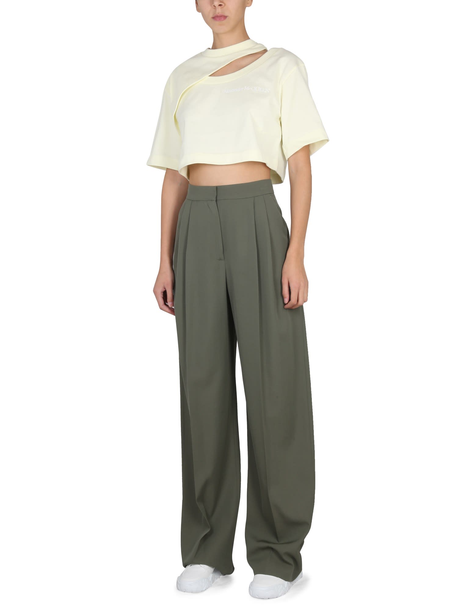 Alexander Mcqueen Wide-leg Wool Pants In Verde