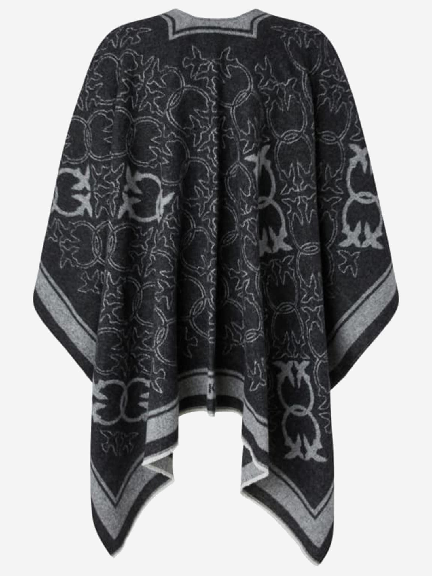 Pinko Wool Blend Cape With Love Birds Motif In Black