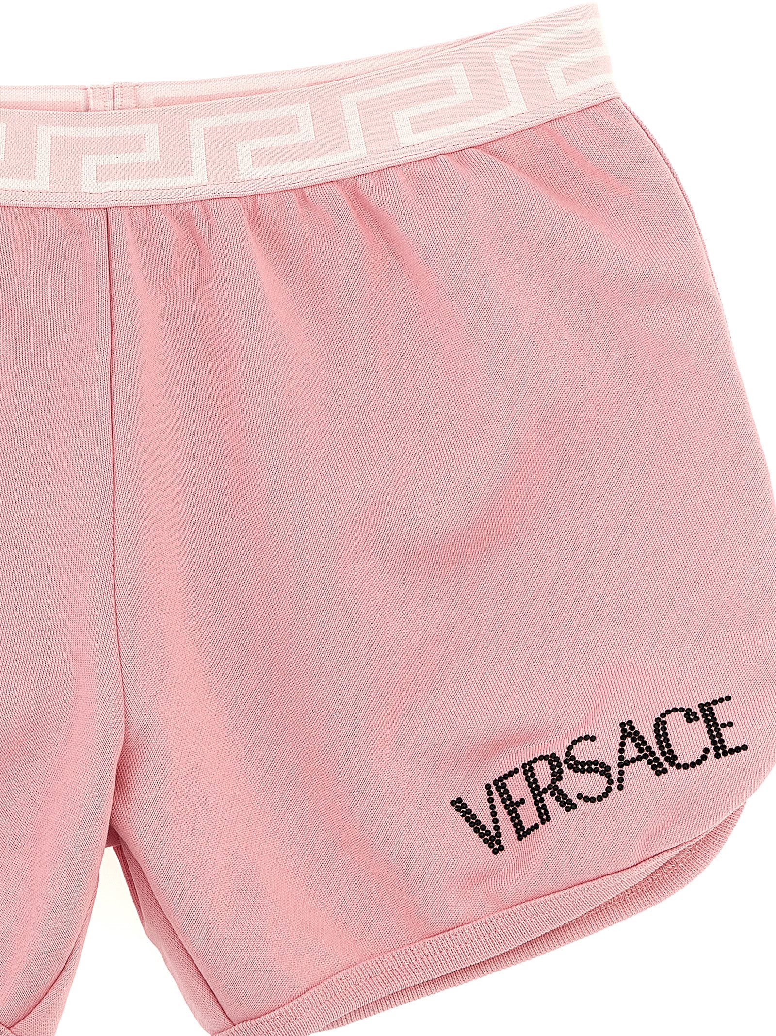 Shop Versace Rhinestone Logo Shorts In Rosa