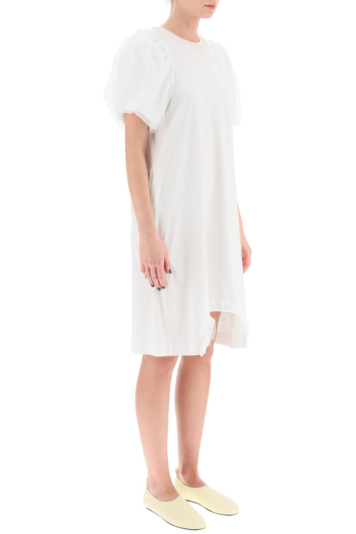 Shop Simone Rocha Cotton Dress With Tulle Sleeves And Pearls In White Pearl (white)