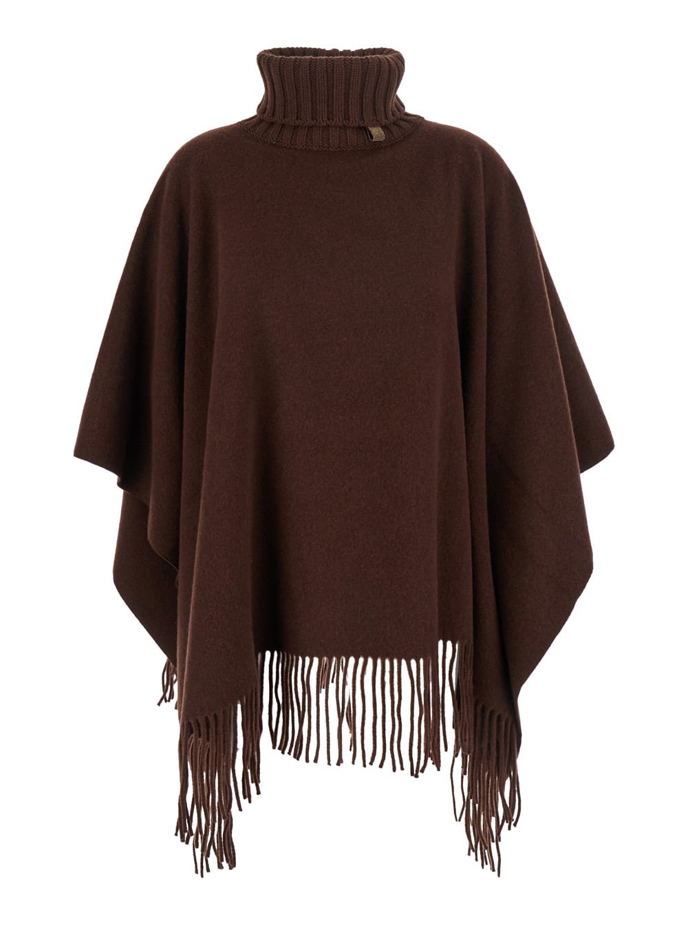 Fabiana Filippi Brown Cape With High Neck And Fringed Hem In Wool Blend Woman In Brown