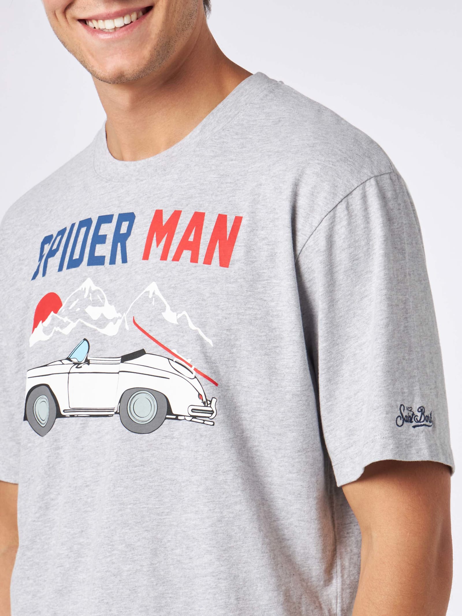 MC2 SAINT BARTH MAN HEAVY COTTON T-SHIRT WITH SPIDER MAN AND CART PRINT
