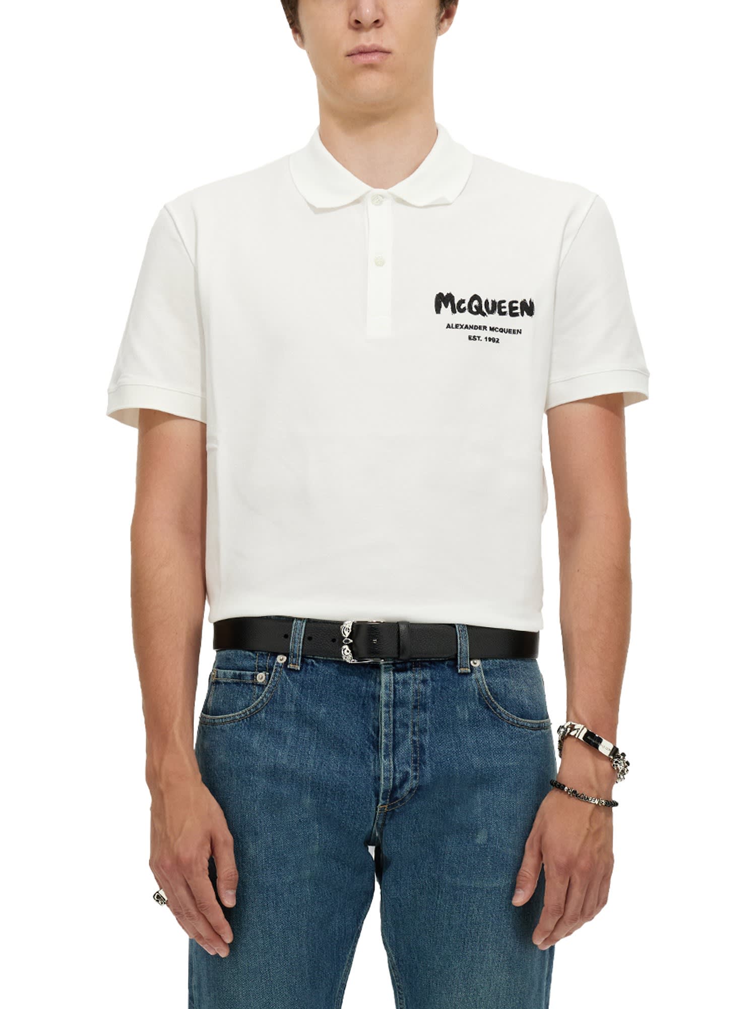 Alexander McQueen Men's Logo Tape Harness Polo Shirt