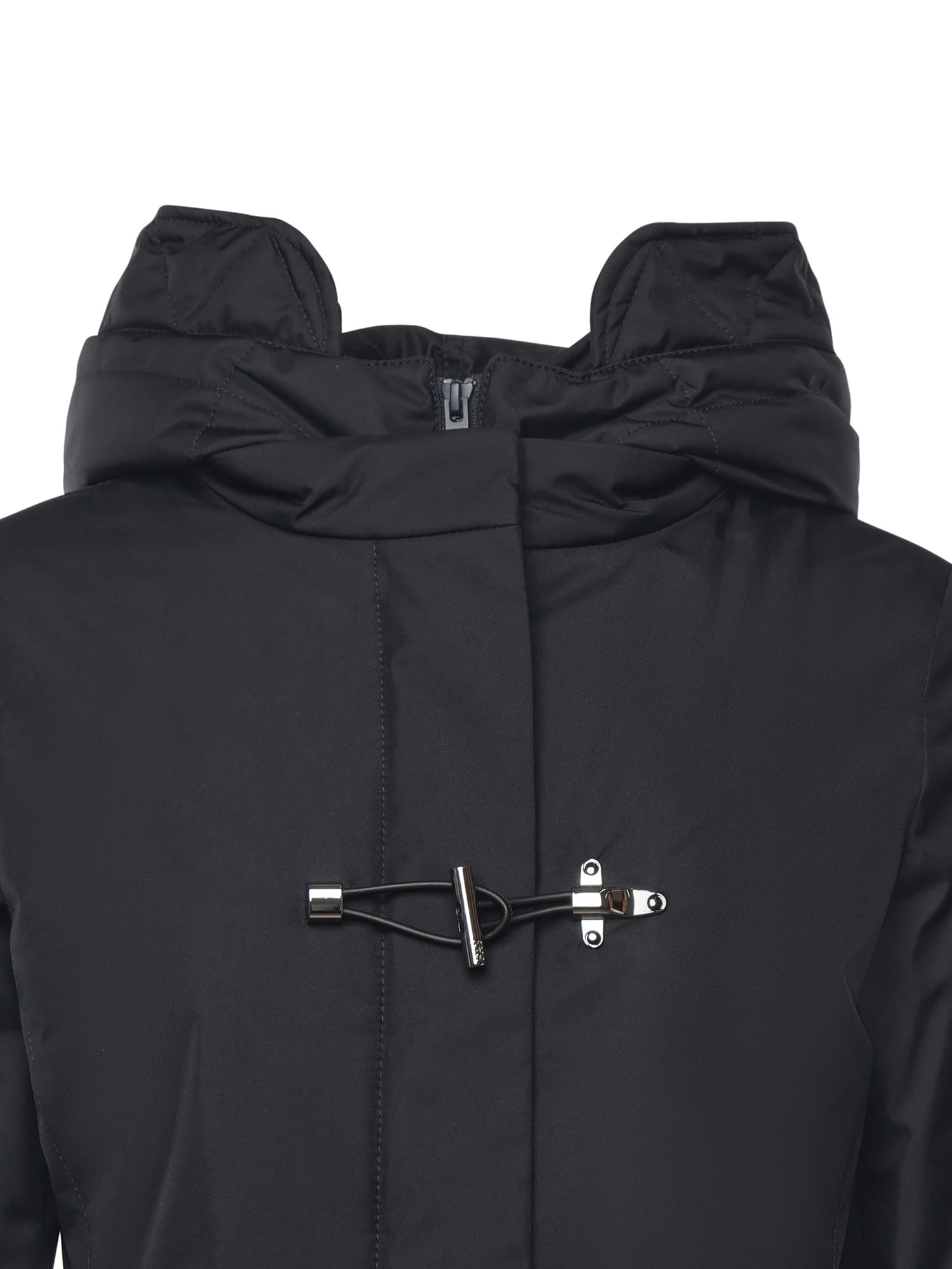 Fay Hooded Black Jacket With Quilted Detailing And Toggle Closure In Blue