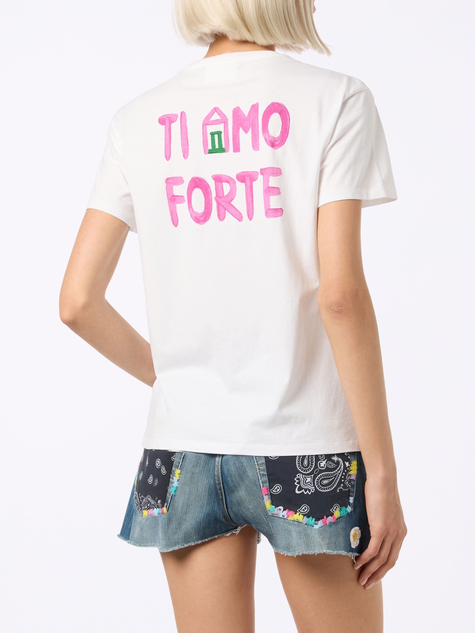 Shop Mc2 Saint Barth Woman Cotton Jersey Crewneck T-shirt Emilie With Amo Forte Print Alle Boe Special Edition In White