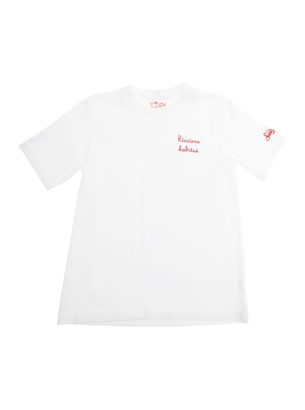 Mc2 Saint Barth Portofino Jr White Crewneck T-shirt With Print On The Front And Logo Lettering On The Sleeve In Cott In White