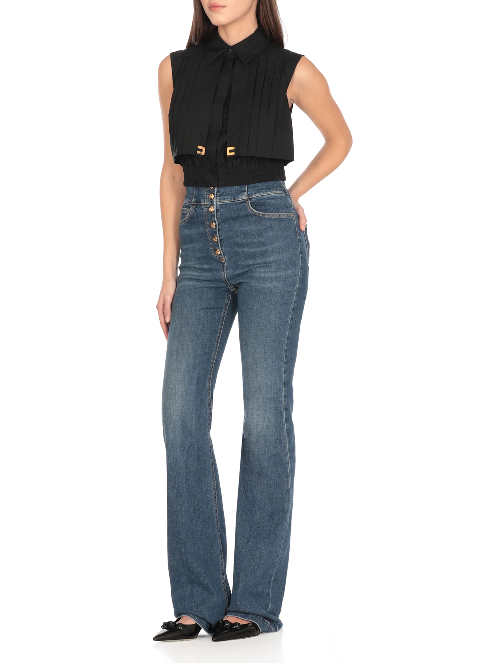 Elisabetta Franchi Cotton Cropped Shirt In Black