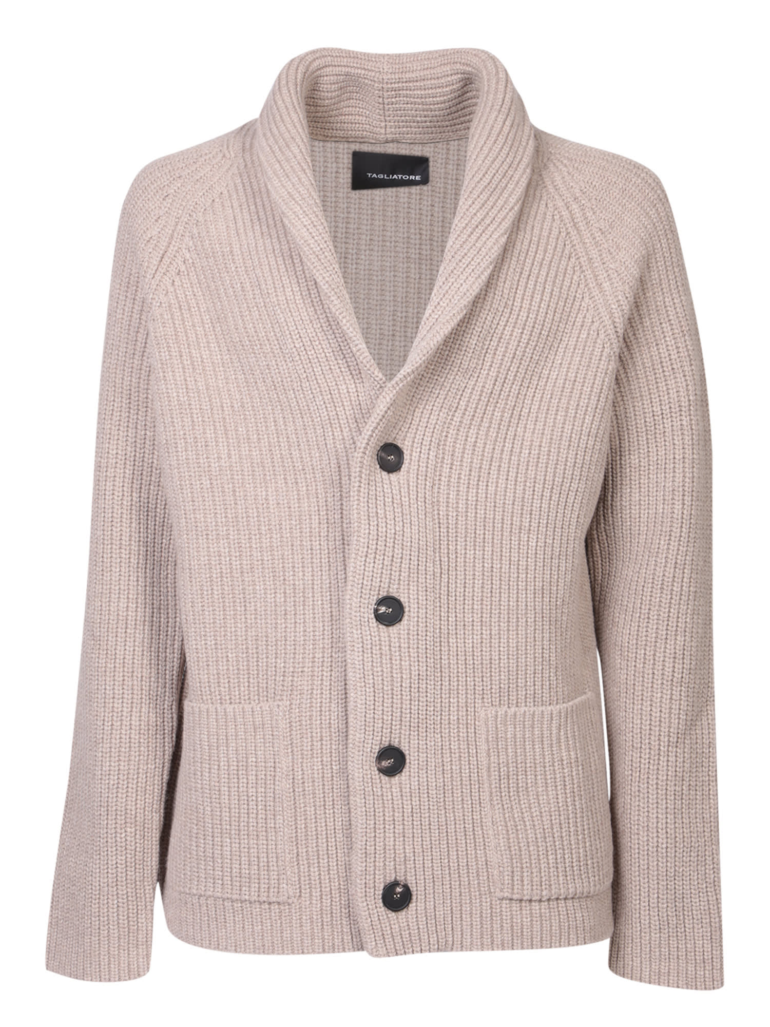 TAGLIATORE SHAWL COLLAR CARDIGAN IN BEIGE