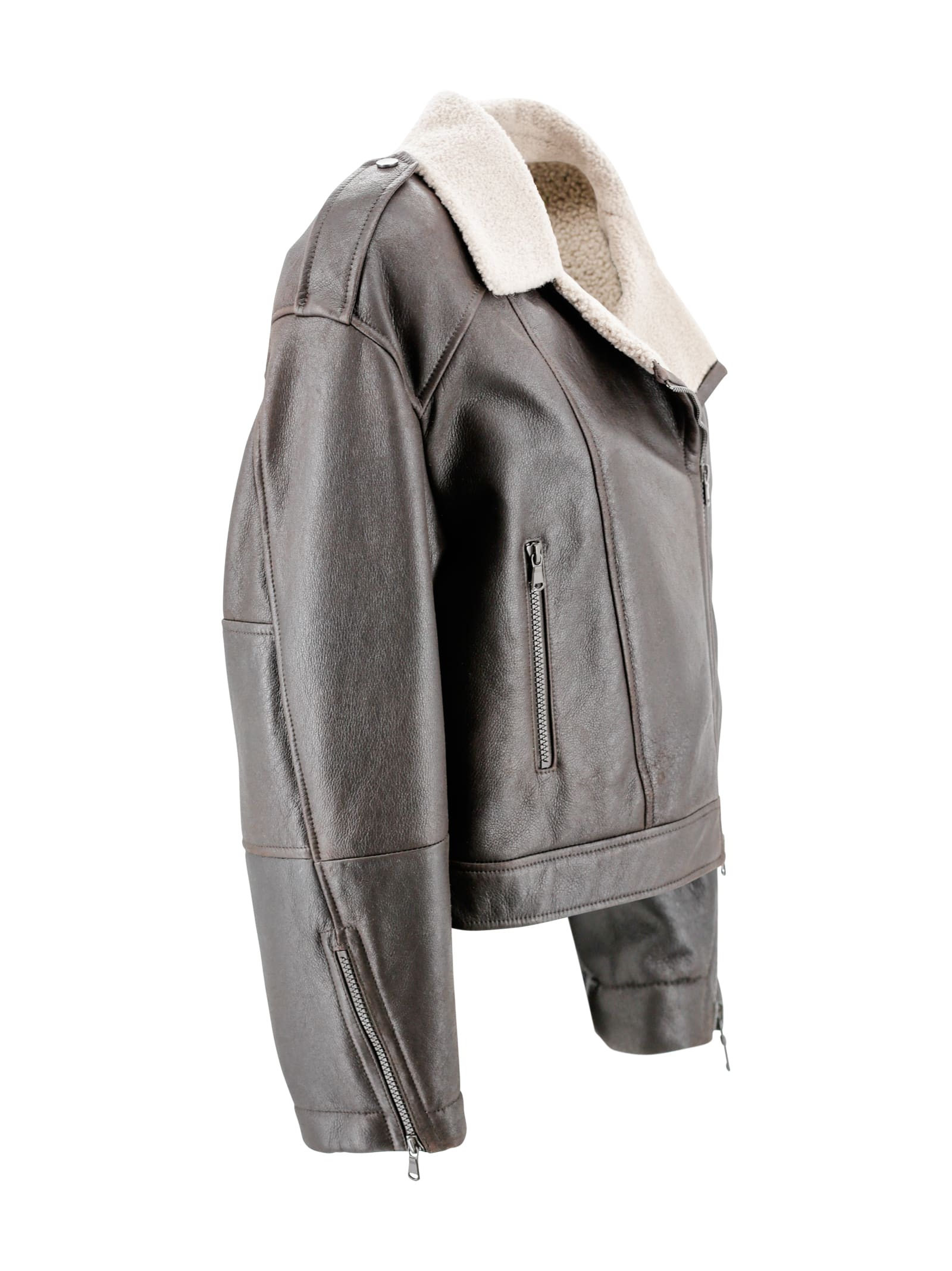 Shop Brunello Cucinelli Giacca Biker In Pelle Con Collo In Shearling In Cioccolato