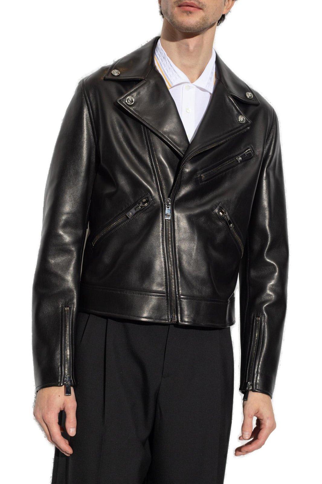 大人の上質  Jacket Biker Zip-up Leather Versace In ModeSens | Black メンズウェア