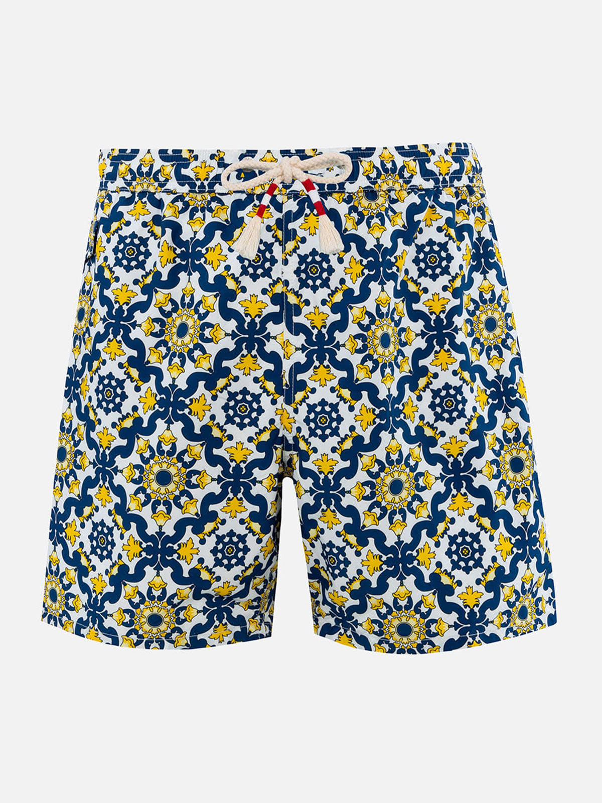 Mc2 Saint Barth Man Lightweight Fabric Swim-shorts Lighting 70 With Majolica Print In Blue