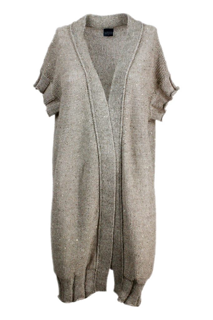 Lorena Antoniazzi Short-sleeved Maxi Cardigan Sweater In Linen And Cotton With Micro Sequins