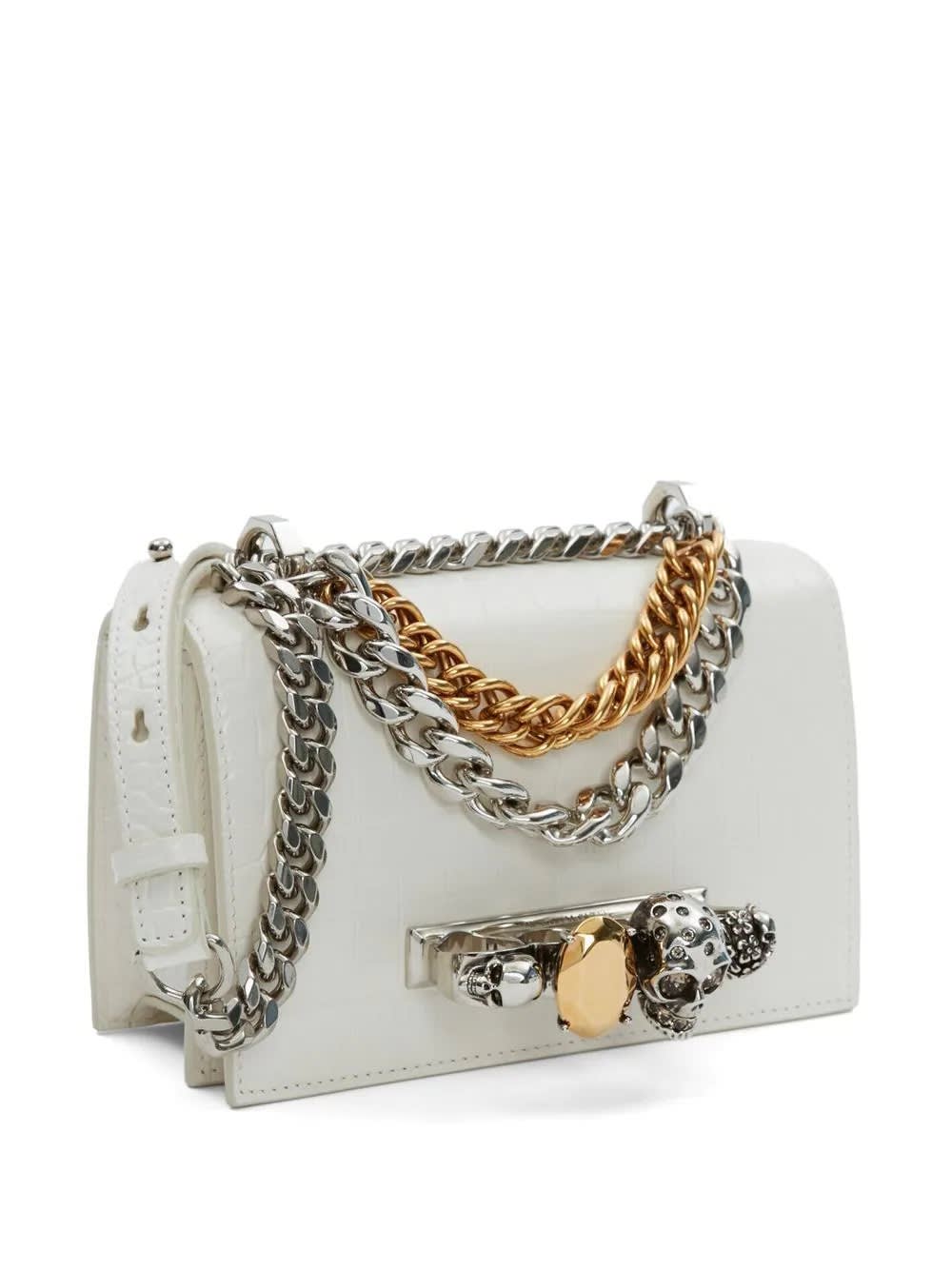 Shop Alexander Mcqueen Ivory Jewelled Satchel Mini Bag With Chain In White