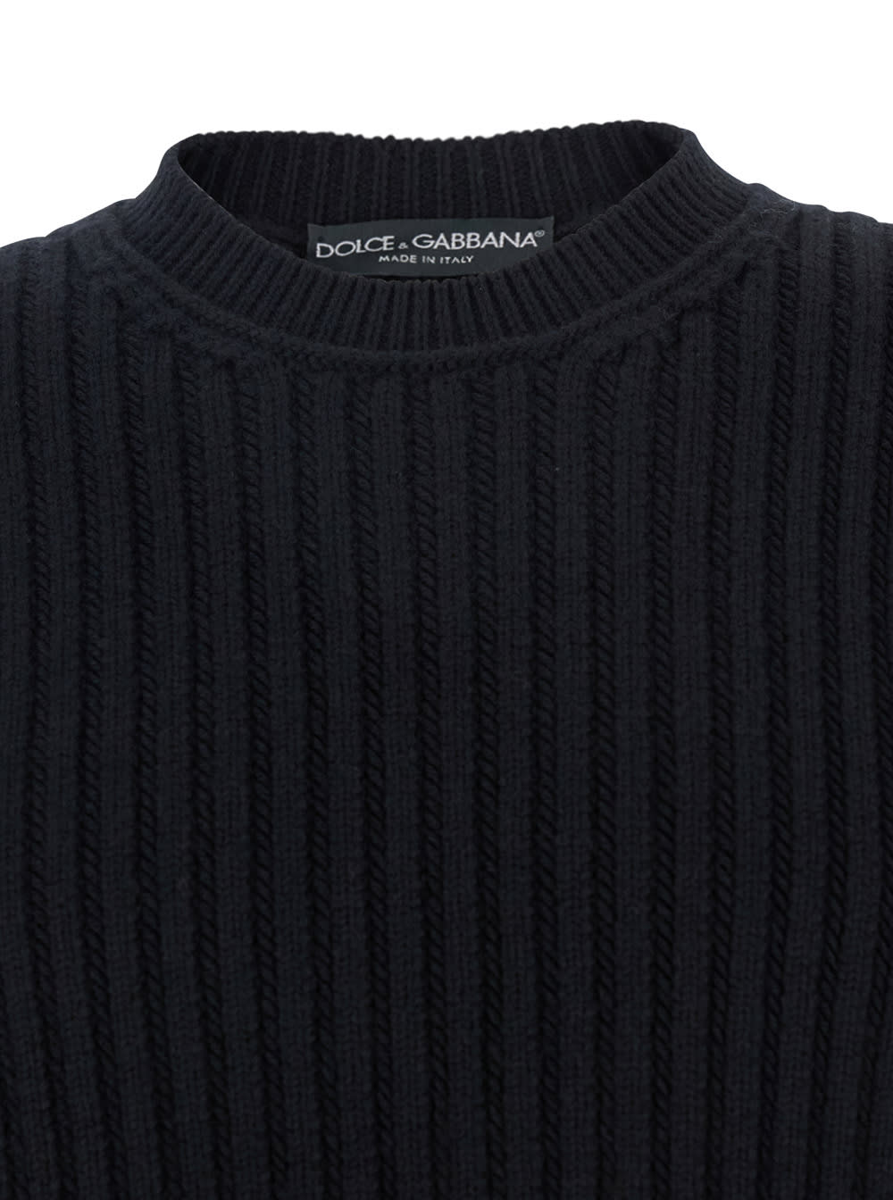 Dolce & Gabbana Men Black Ribbed Knit Crewneck Sweater With Logo Patch On The Rear In Wool Man In Black