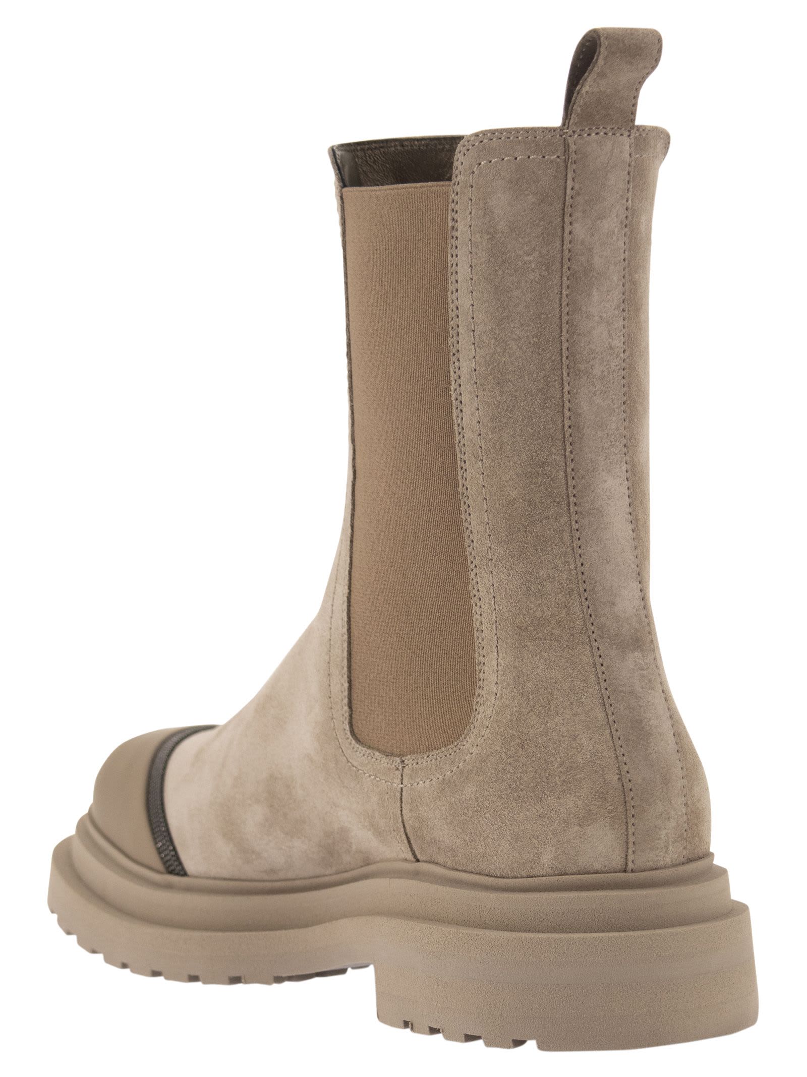 Shop Brunello Cucinelli Suede Chelsea Boot With Precious Detail In Sand