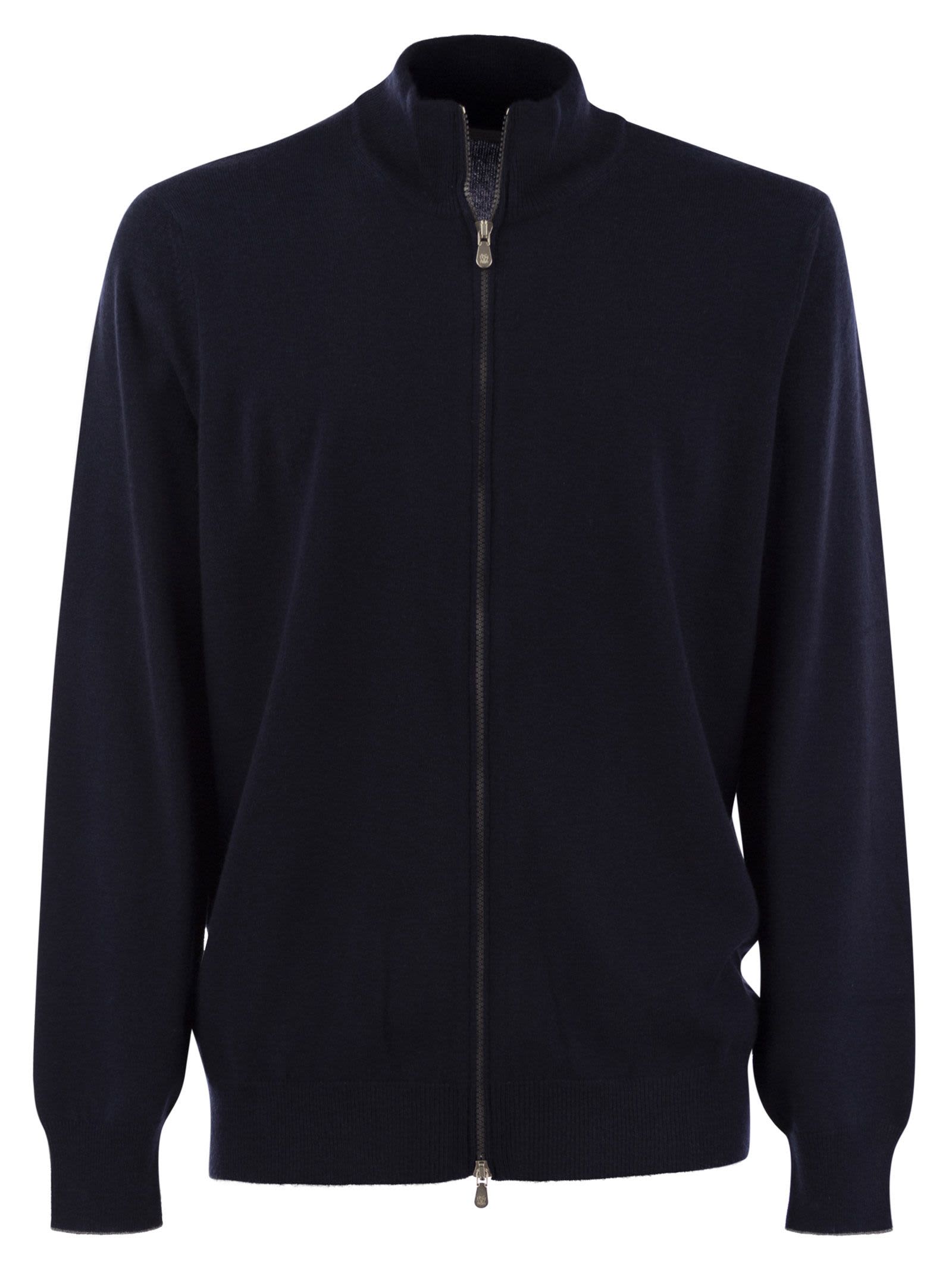 Shop Brunello Cucinelli High-necked Cashmere Cardigan With Zip In Navy