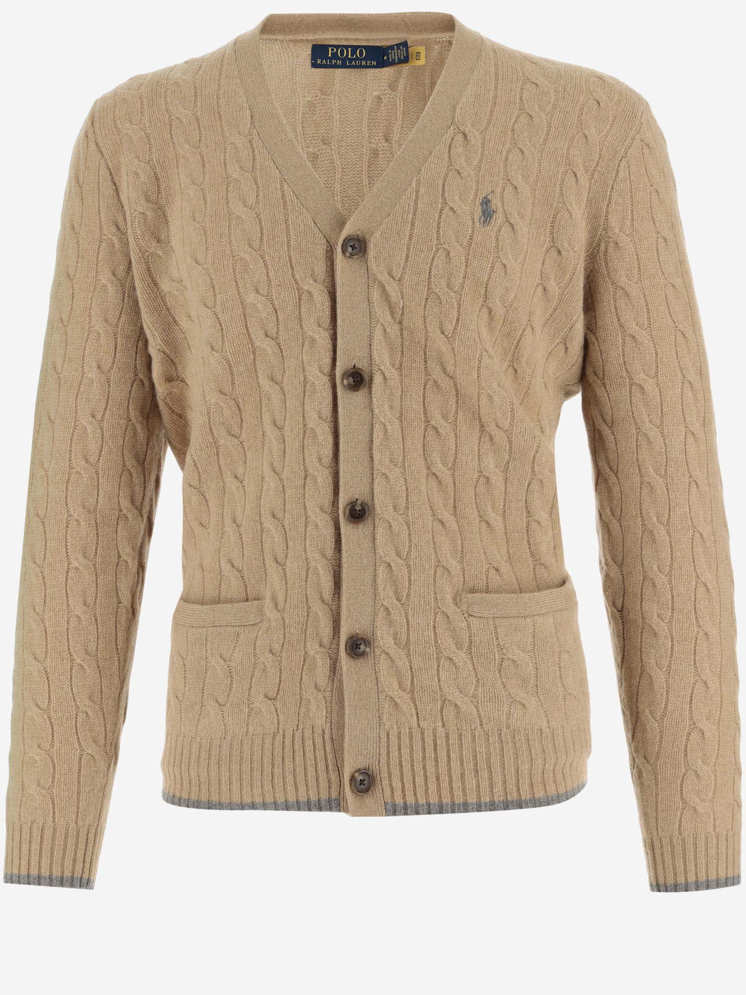 Shop Polo Ralph Lauren Wool And Cashmere Cardigan With Logo In Beige