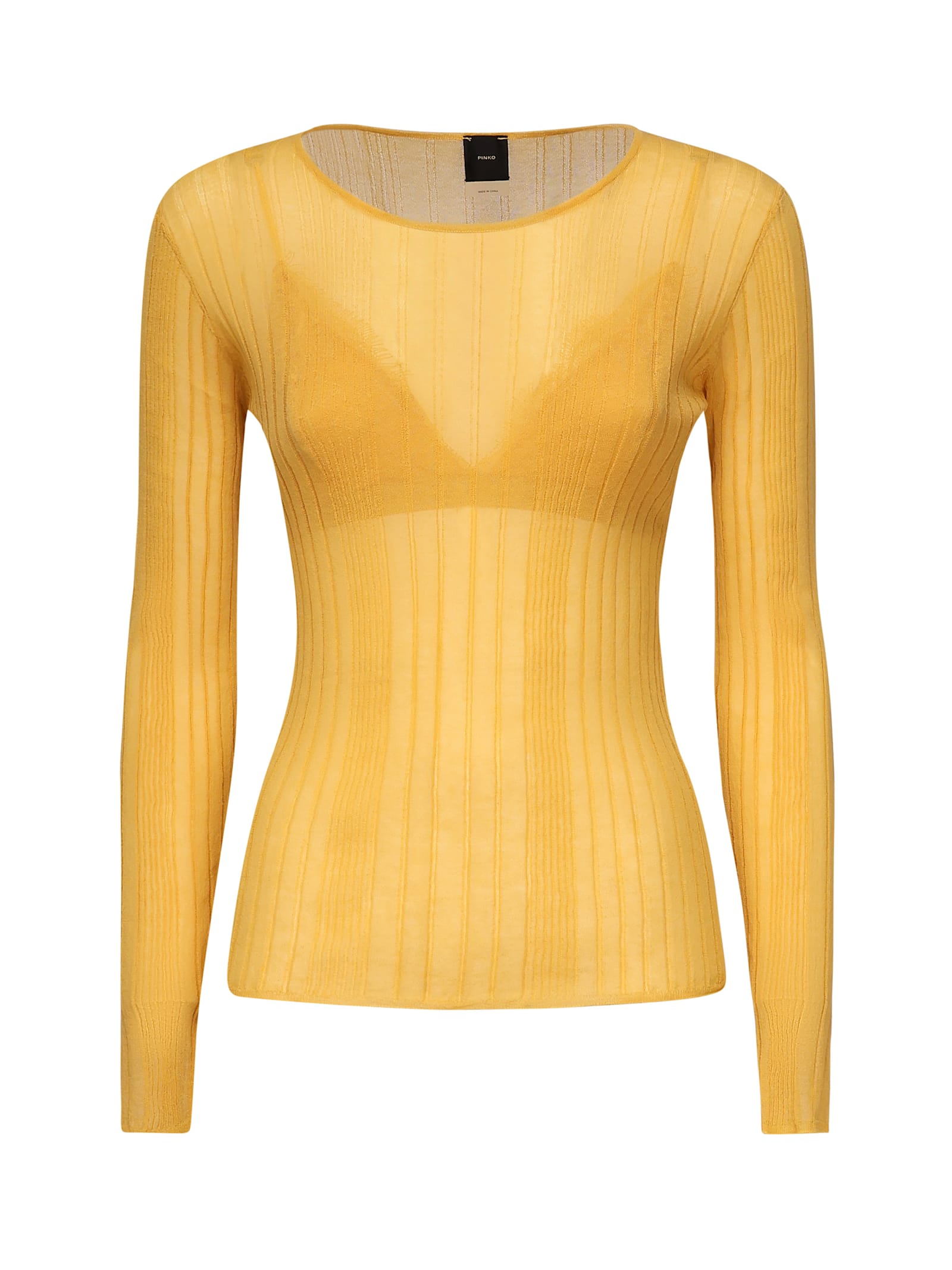 Pinko Semi-transparent Ribbed Sweater In Yellow