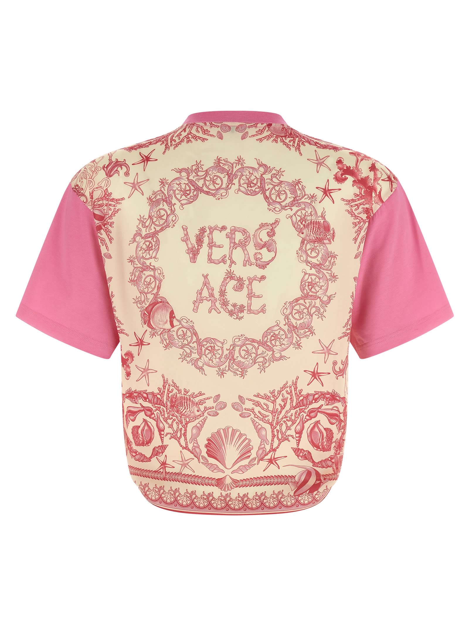 Versace Safety-pin Twisted Crop T-shirt With Underwater Barocco Silk Twill Back In Multi