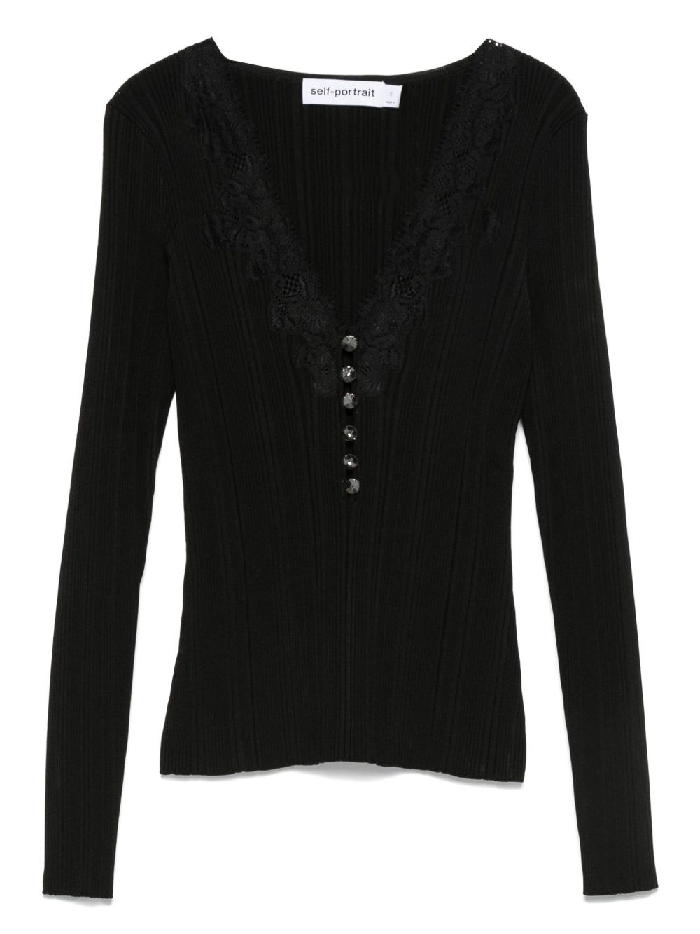 Self-portrait Ribbed Top With Shiny Buttons In Black