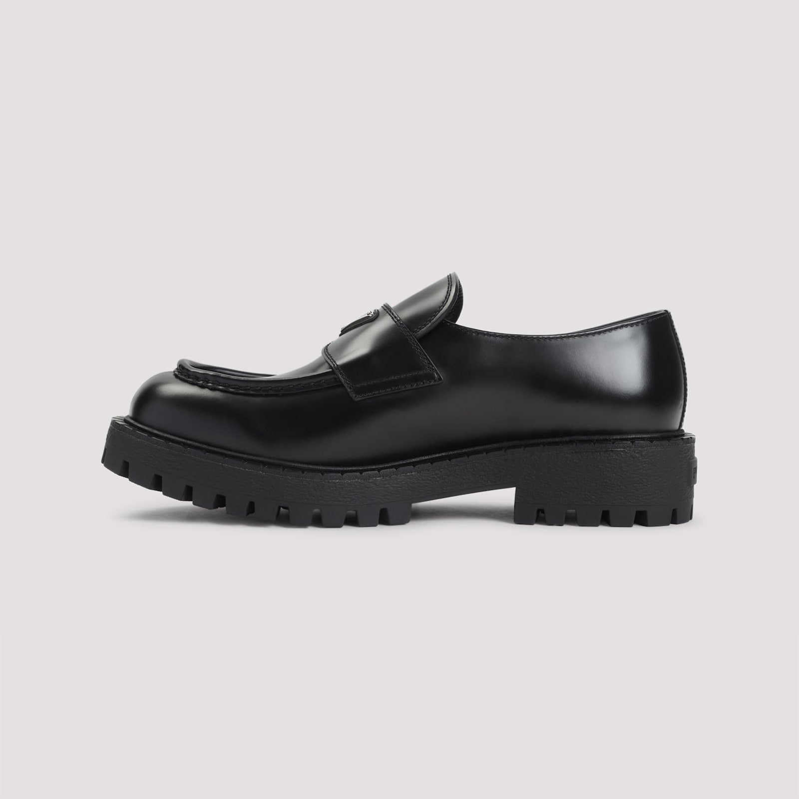 Prada Polished Black Leather Loafers With Chunky Rubber Sole In Black