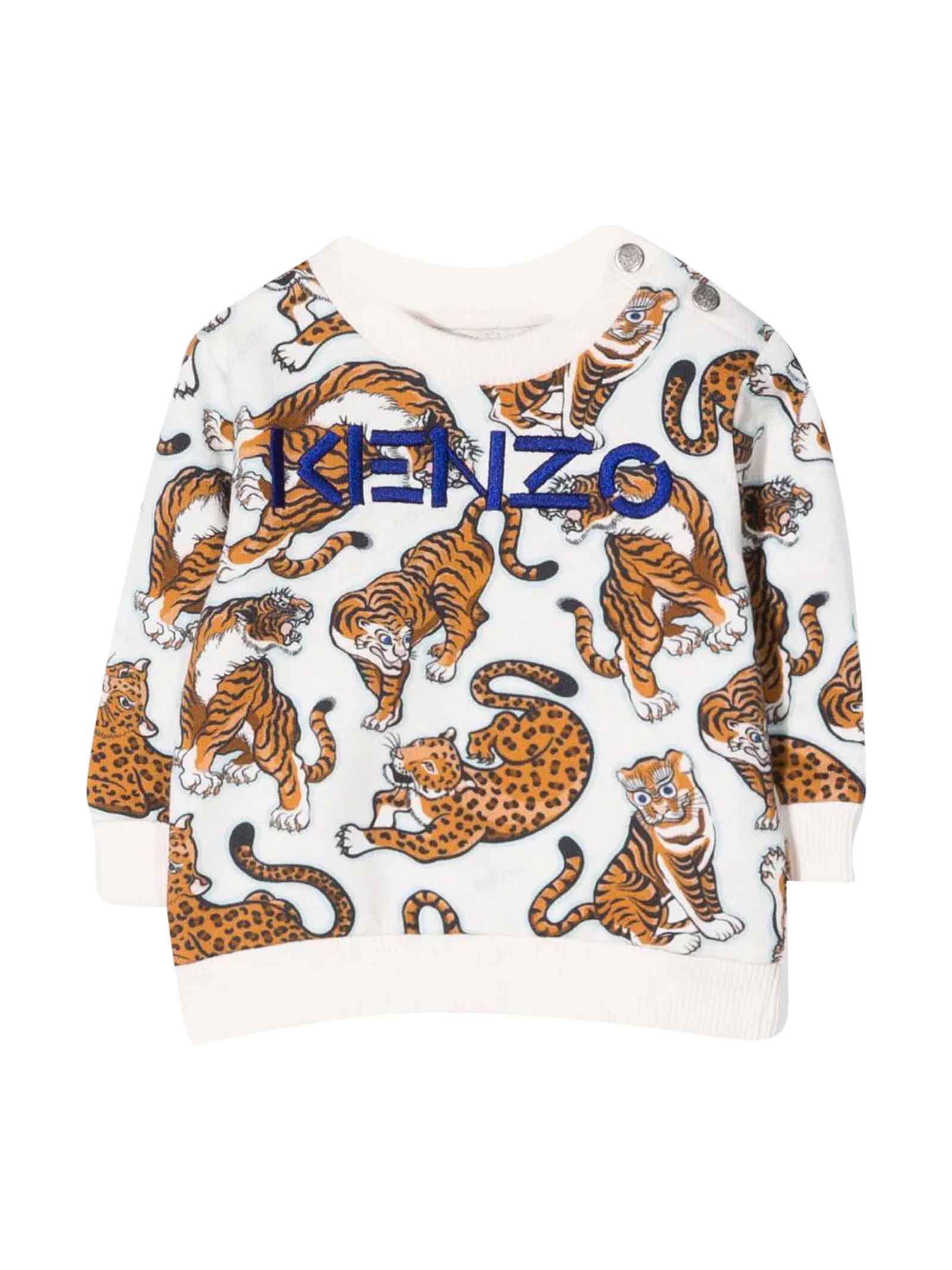 Kenzo Kids White Newborn Sweatshirt With Tiger Print, Front Logo Embroidery, Crew Neck, Long Sleeves And Straight Hem By