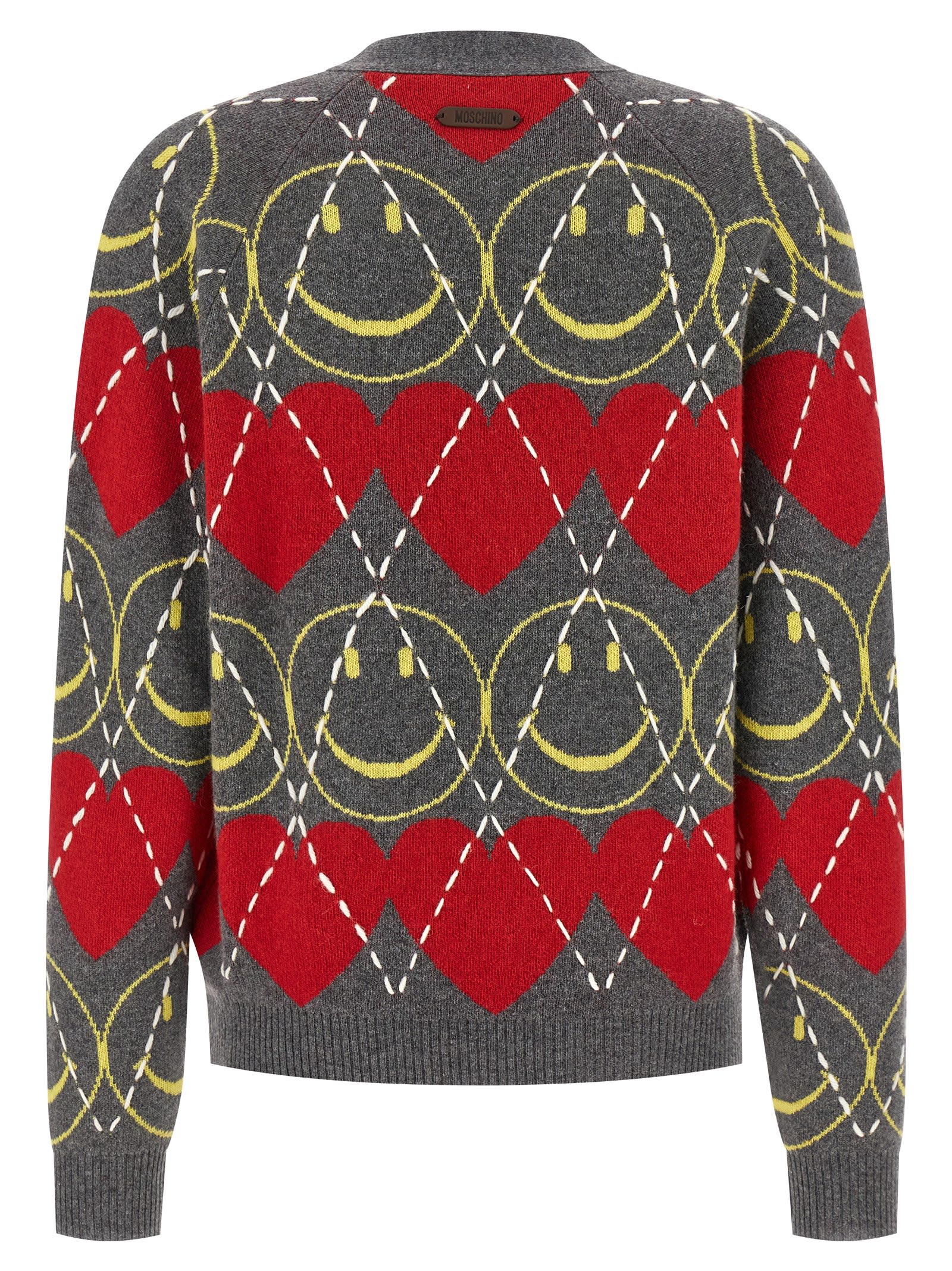 Moschino Jacquard Smile Wool Blend Cardigan In Gray