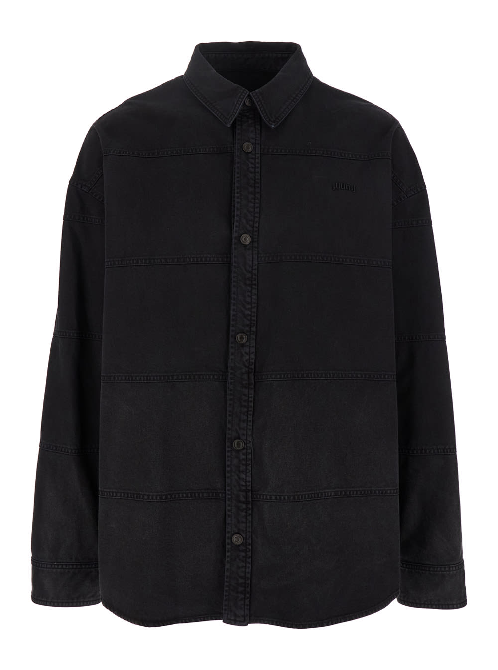 Juun. J Black Shirt With Classic Collar And Tonal Logo Lettering Embroidery On The Front In Denim Man