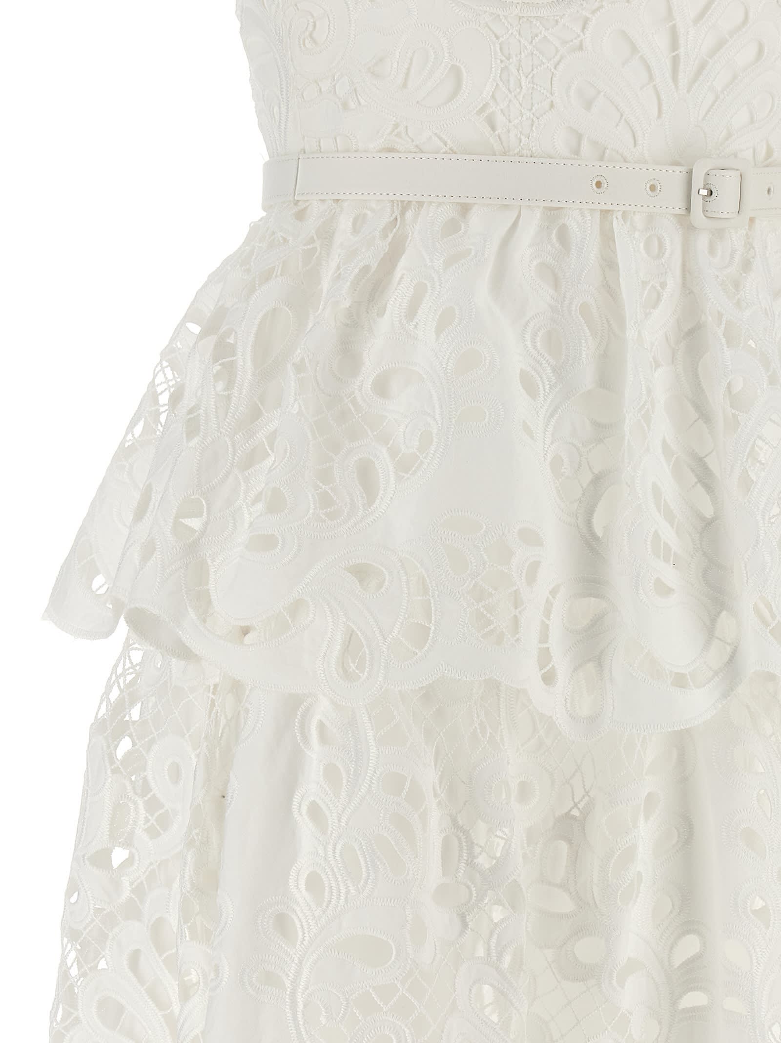 Shop Self-portrait White Cotton Lace Tiered Midi Dress