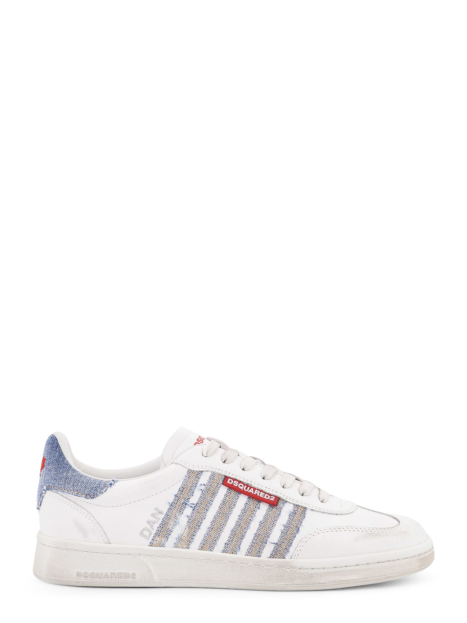 Dsquared2 White Low Top Sneakers With Logo Patch On Tongue And Side And Contrasting Heel With Logo In Leather