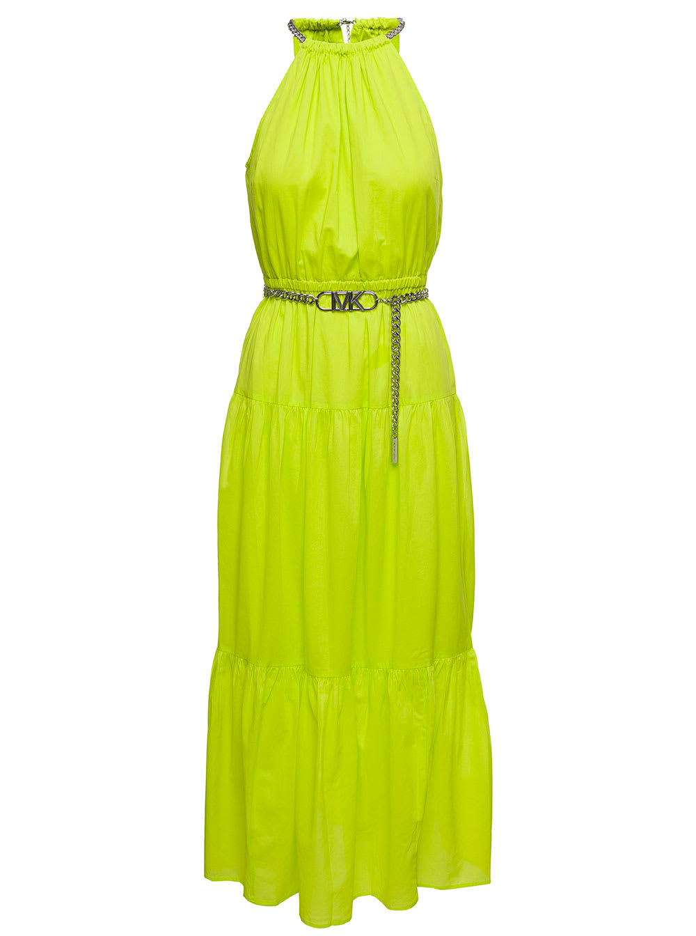 Neon Yellow Halter Neck Maxi Dress With Chain Belt With Logo In Cotton Woman