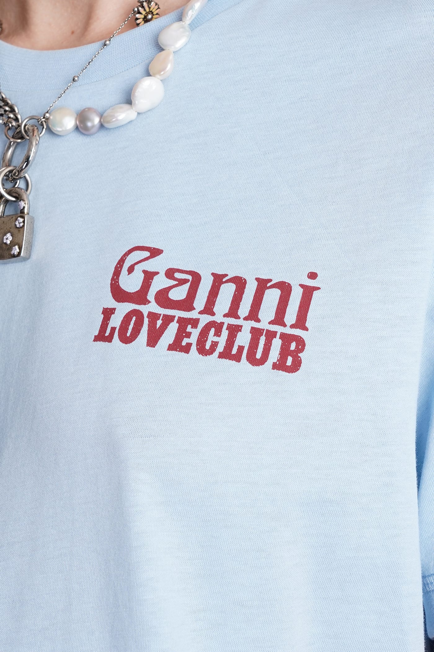 Shop Ganni T-shirt In Cyan Cotton