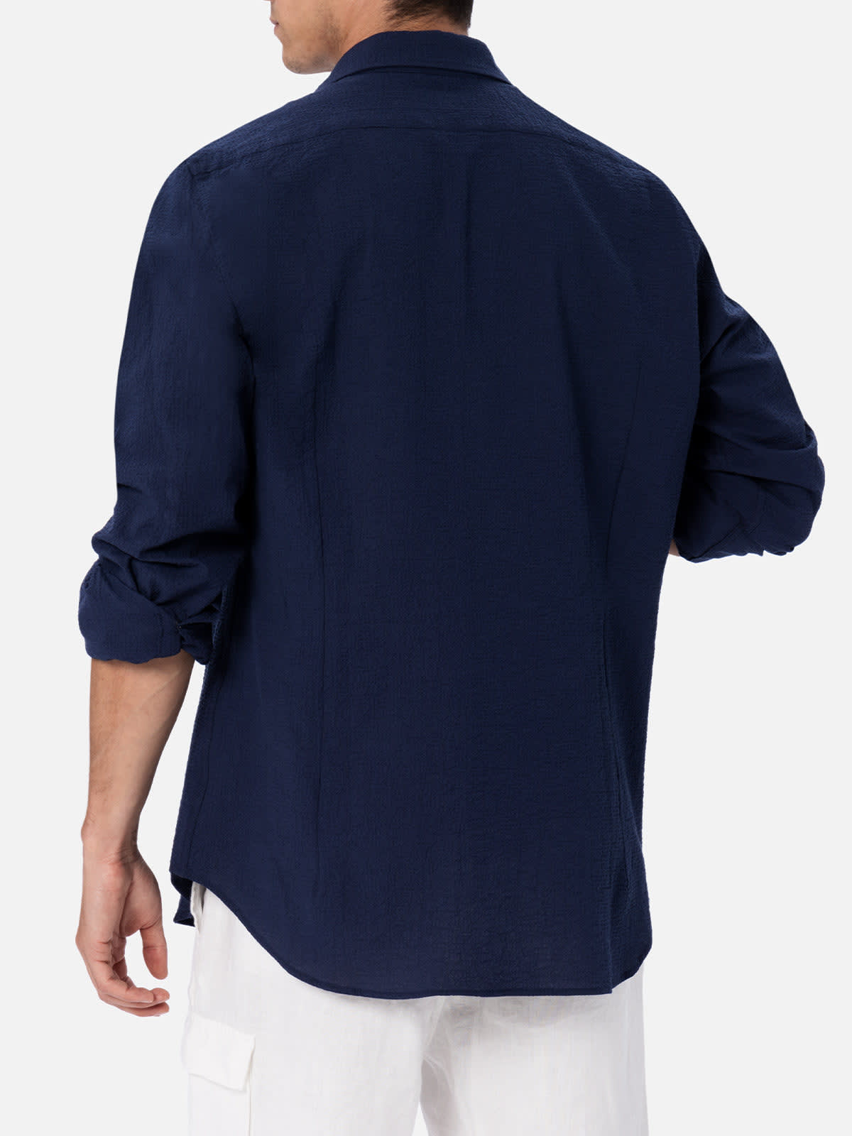 Mc2 Saint Barth Man Seersucker Blue Cotton Shirt Pamplona In Blue