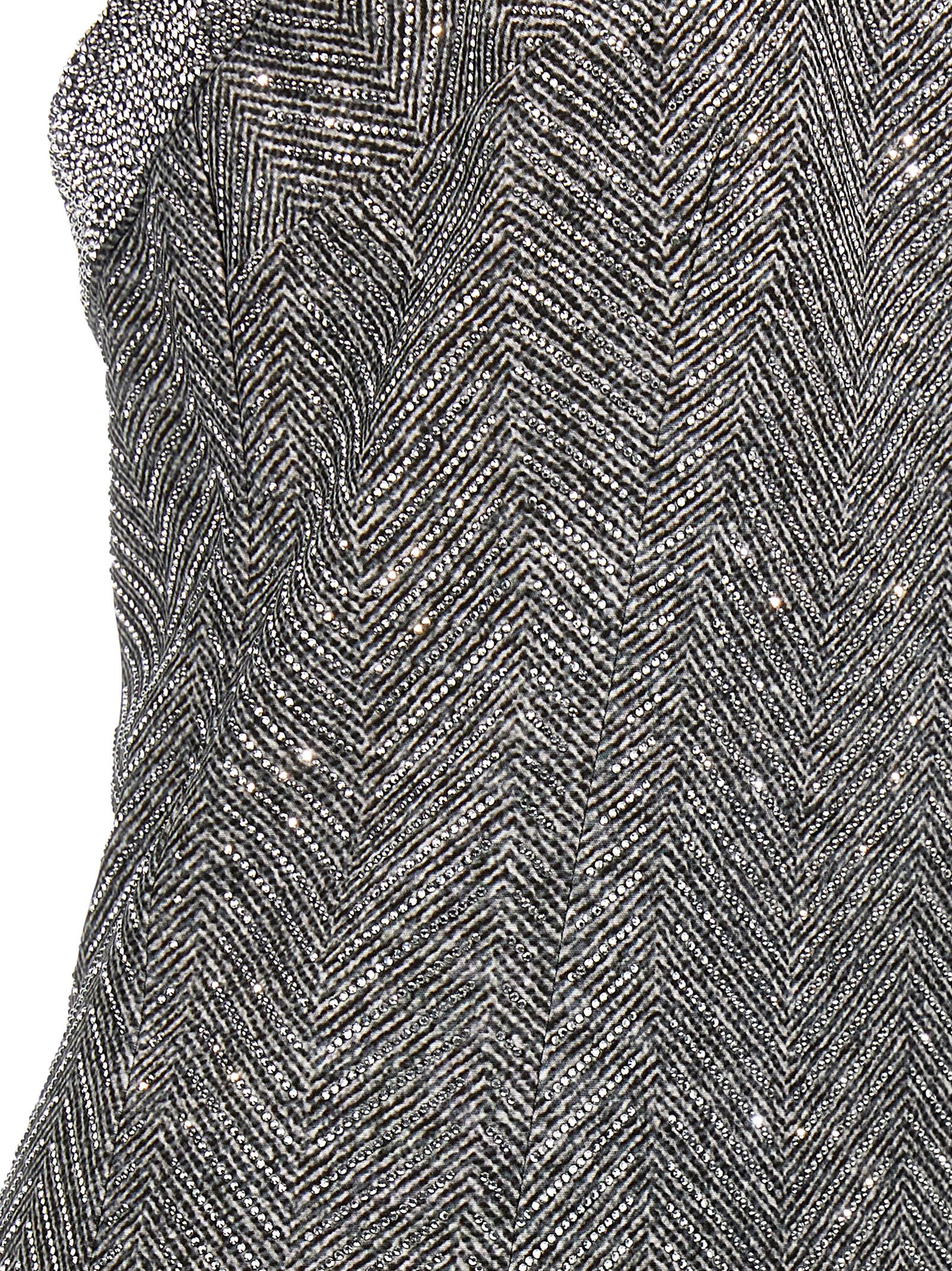 Ermanno Scervino Rhinestone-embellished Midi Dress With Herringbone Pattern In Gray