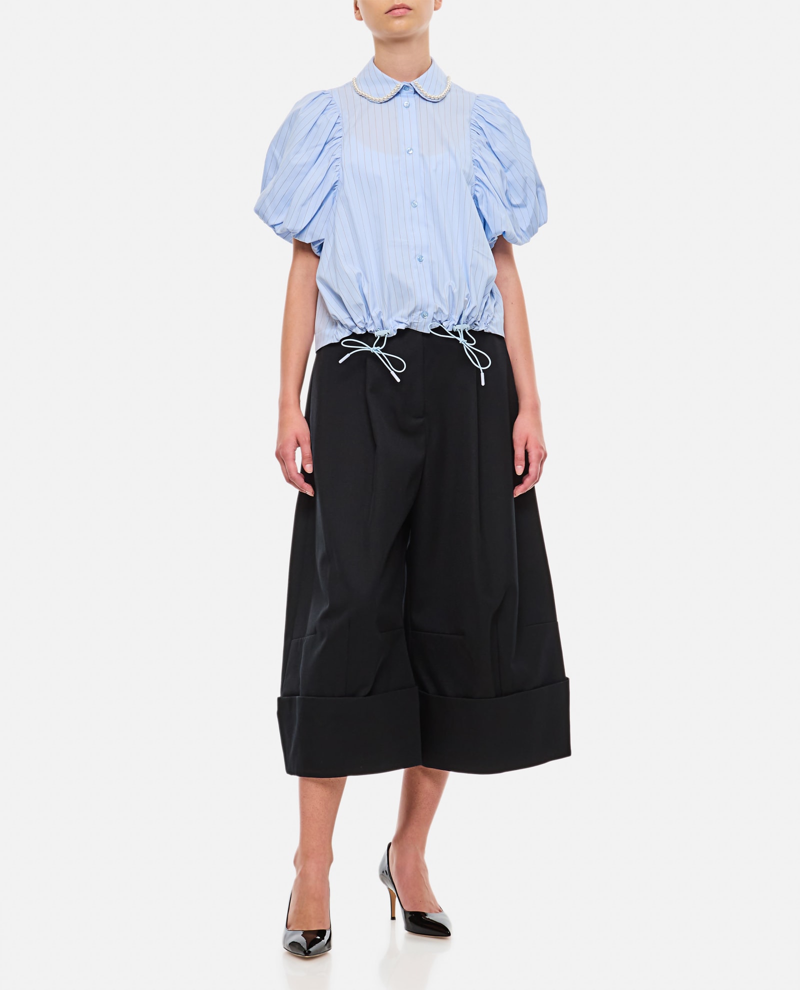 Shop Simone Rocha Cropped Toggle Detail Puff Sleeve Shirt W/ Emb In Clear Blue