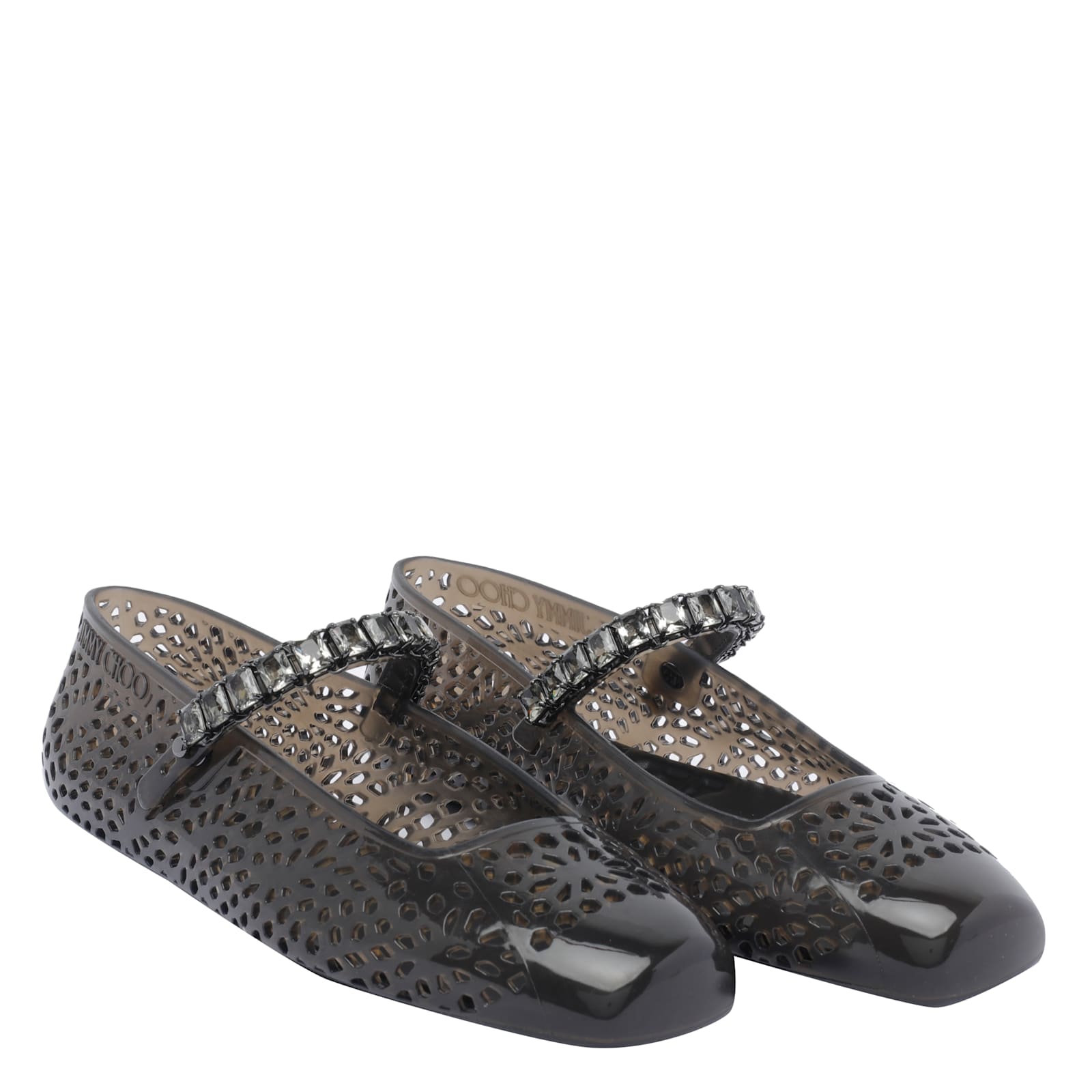 Jimmy Choo Crystal Embellished Cut-out Square Toe Ballerina Shoes In Black