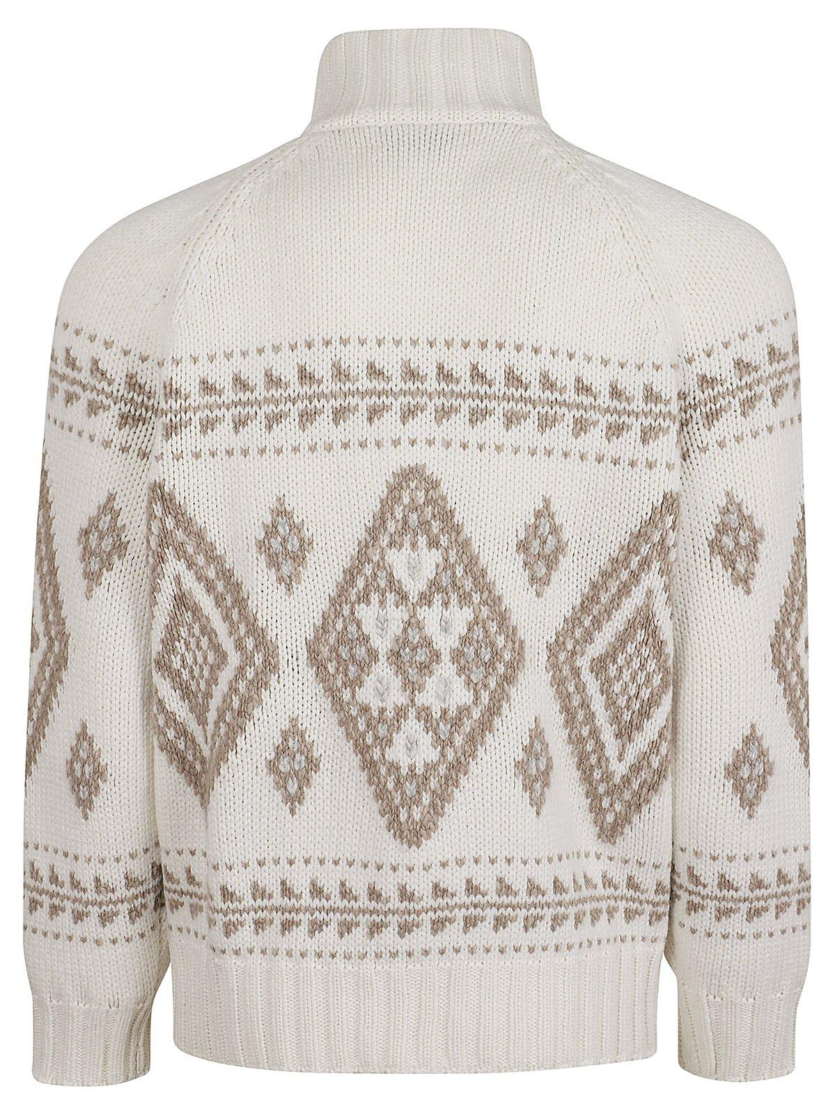 Shop Brunello Cucinelli High-neck Intarsia-knit Cardigan In Panama/beige/grigio Perla