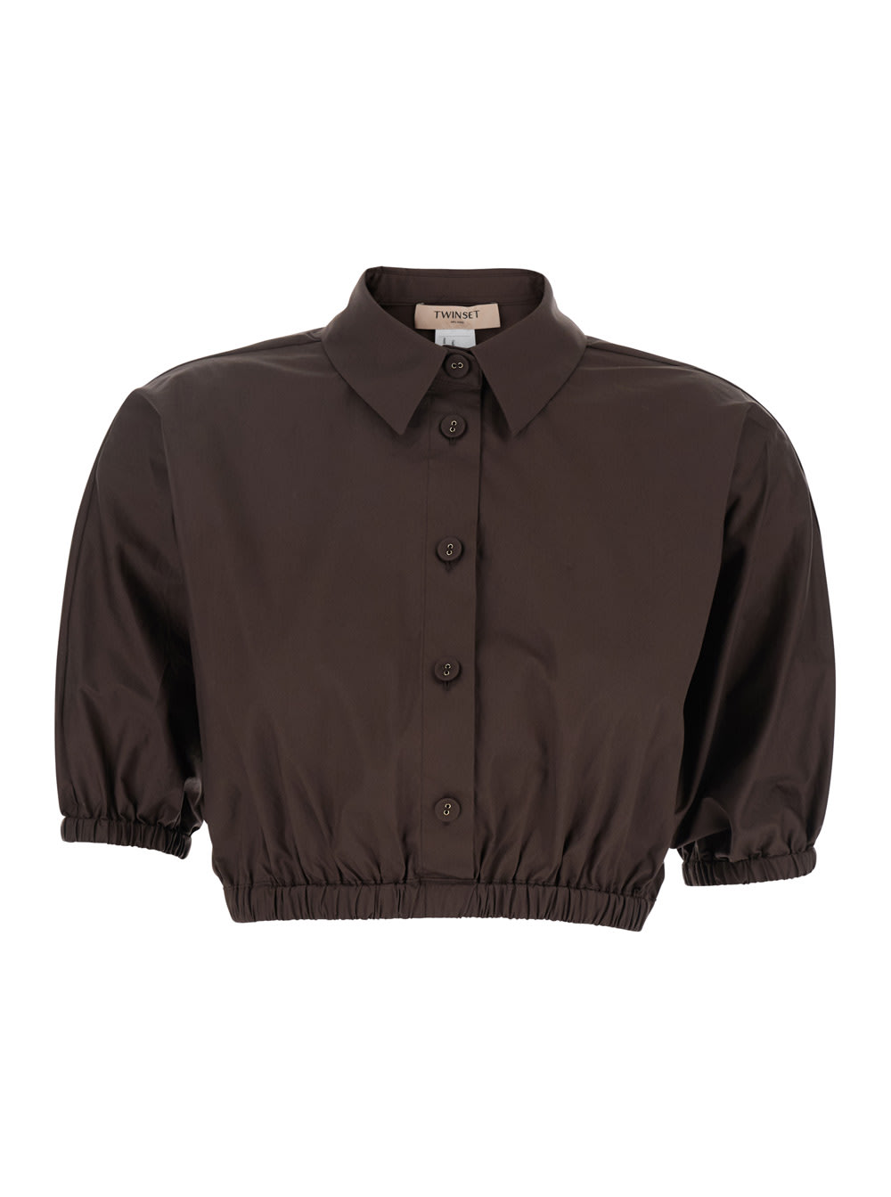 Shop Twinset Brown Top With Classic Collar And Logo Plaque Detail On The Rear In Cotton Woman