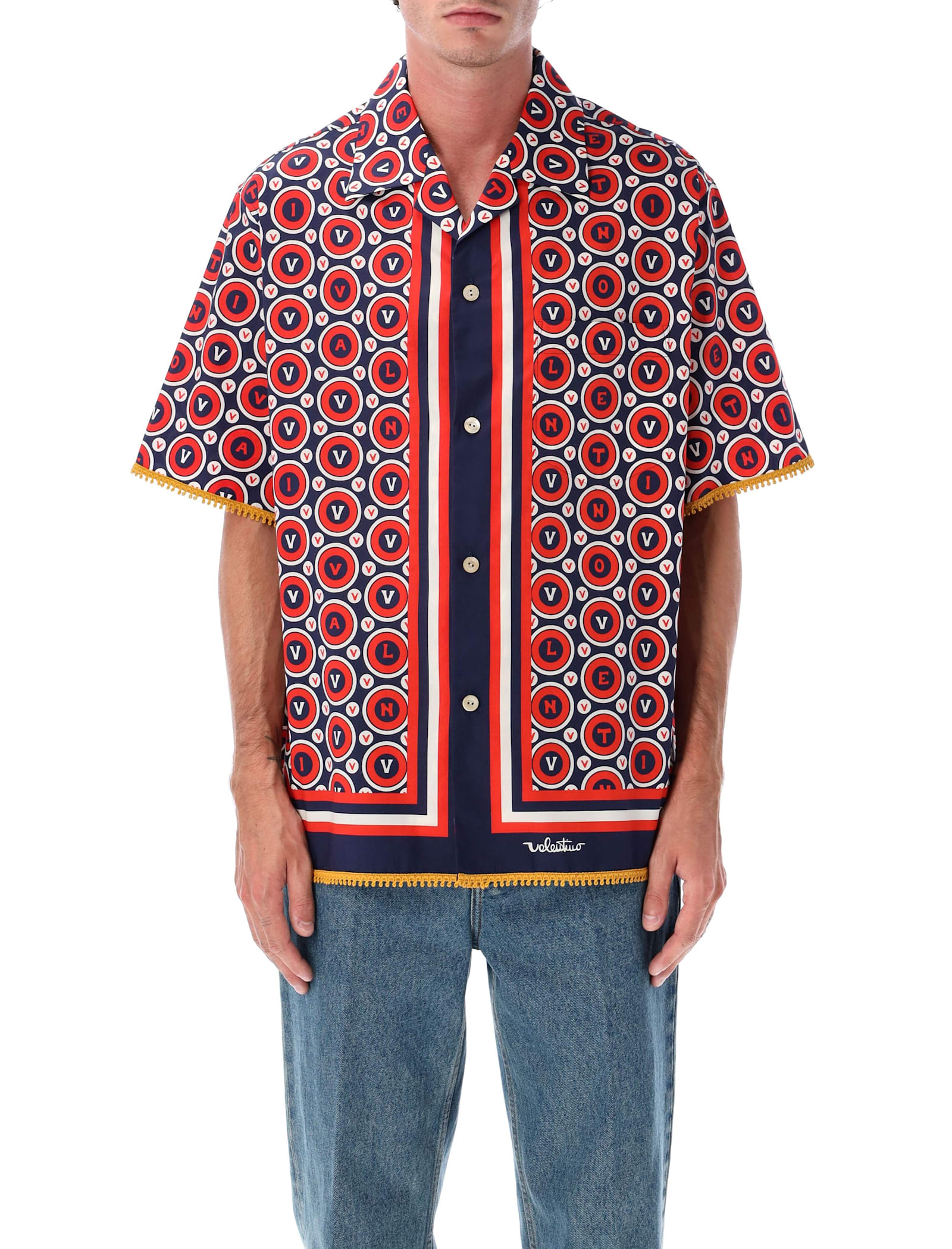 Valentino Cotton Bowling Shirt Bulles Royales Print In Red