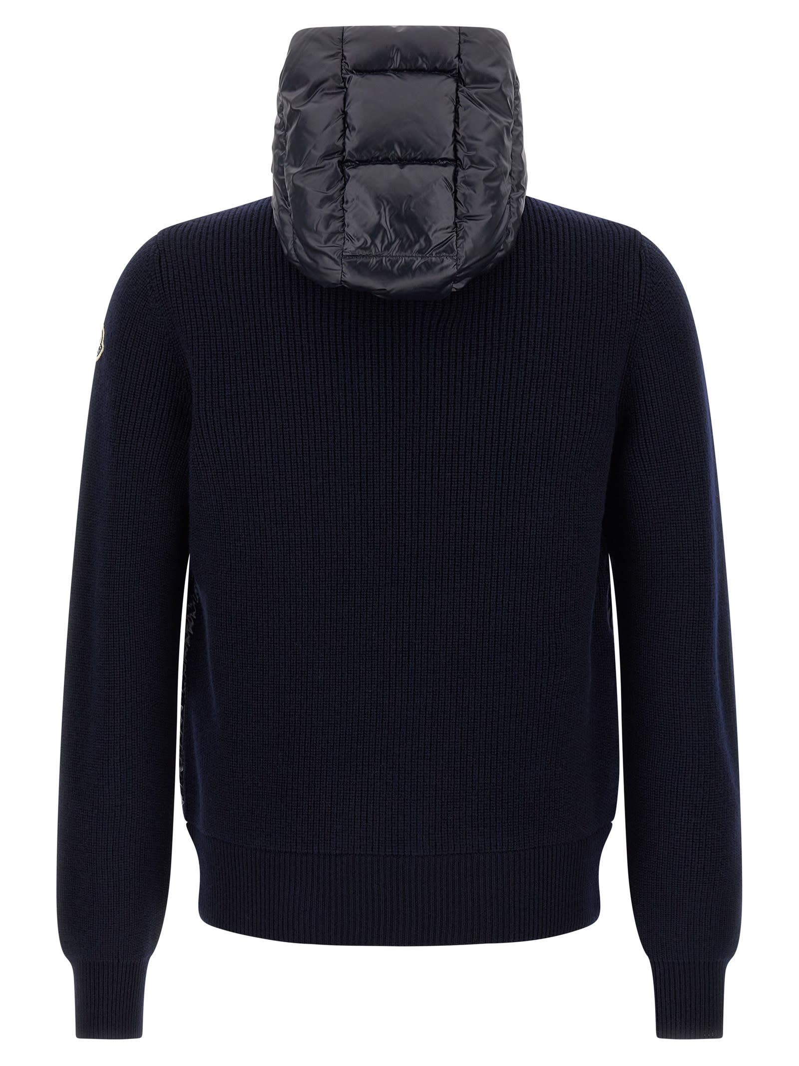 Moncler Hooded Quilted Sweater Ribbed Sleeves In Blue